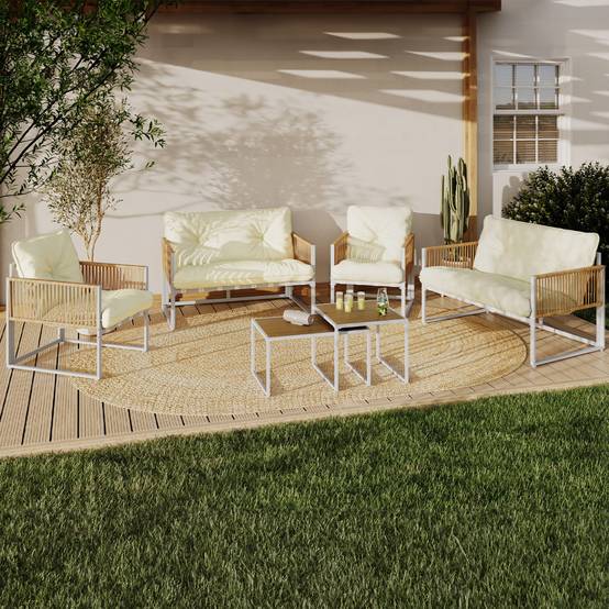IDMARKET - Salon de jardin bas RIO 6 places structure métal blanc et cordage effet rotin avec coussins beige - Image 1