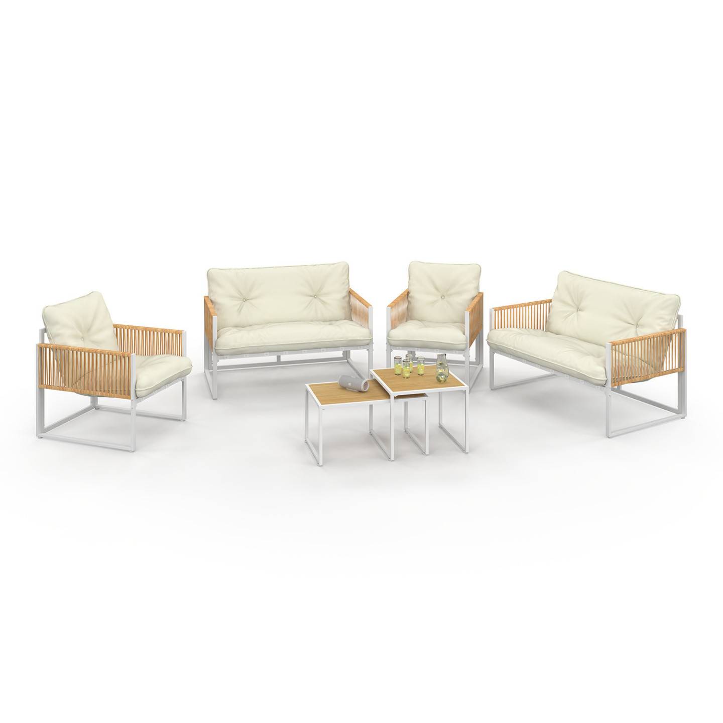 IDMARKET - Salon de jardin bas RIO 6 places structure métal blanc et cordage effet rotin avec coussins beige - Image 2