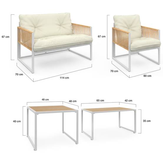 IDMARKET - Salon de jardin bas RIO 6 places structure métal blanc et cordage effet rotin avec coussins beige - Image 6