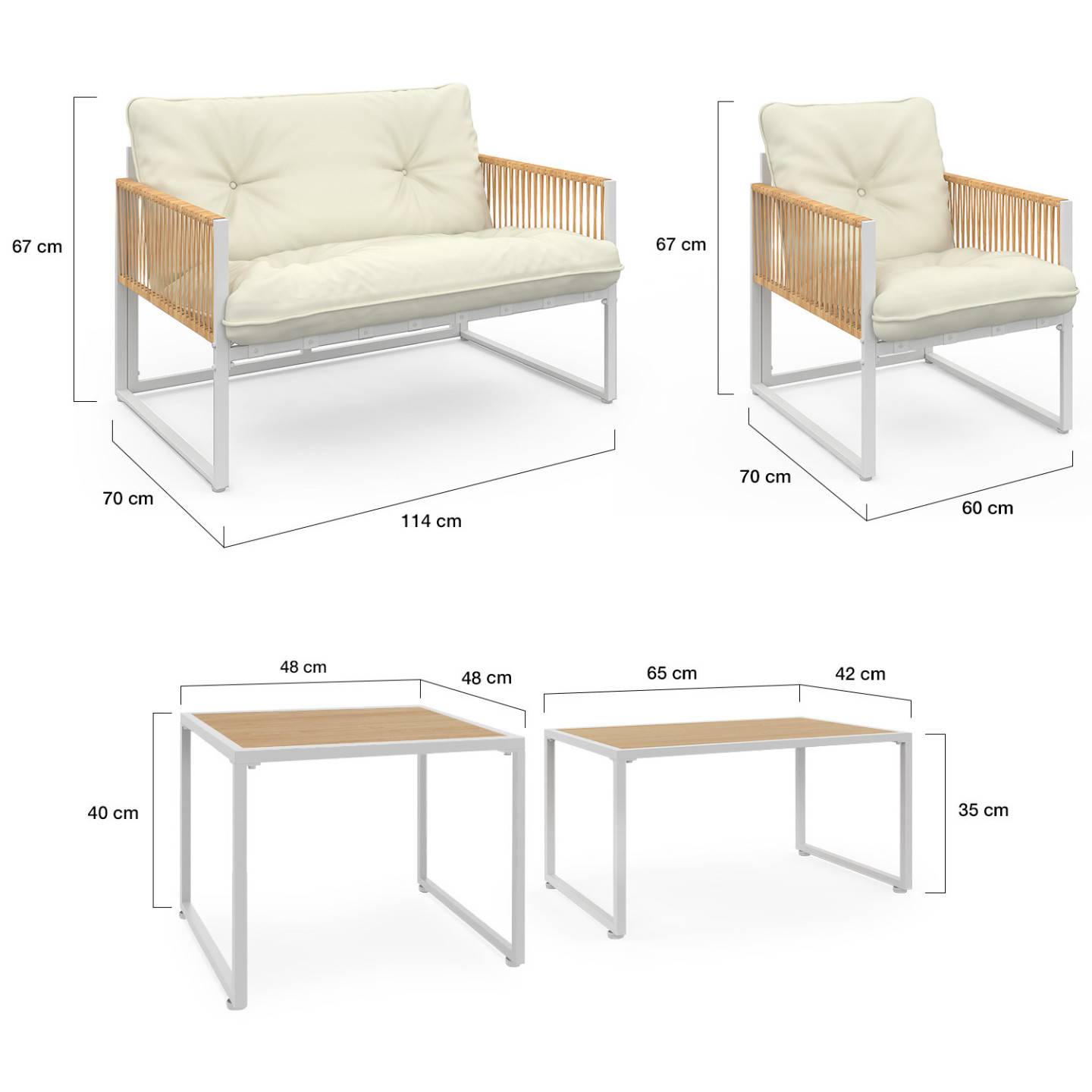 IDMARKET - Salon de jardin bas RIO 6 places structure métal blanc et cordage effet rotin avec coussins beige - Image 6