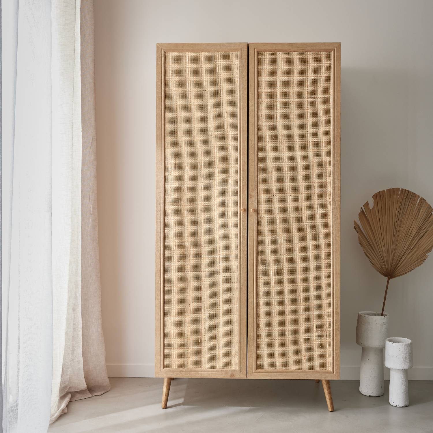 Armoire cannage et décor bois 2 portes avec étagère et tringle - Hauteur 179.5cm | sweeek - Image 1