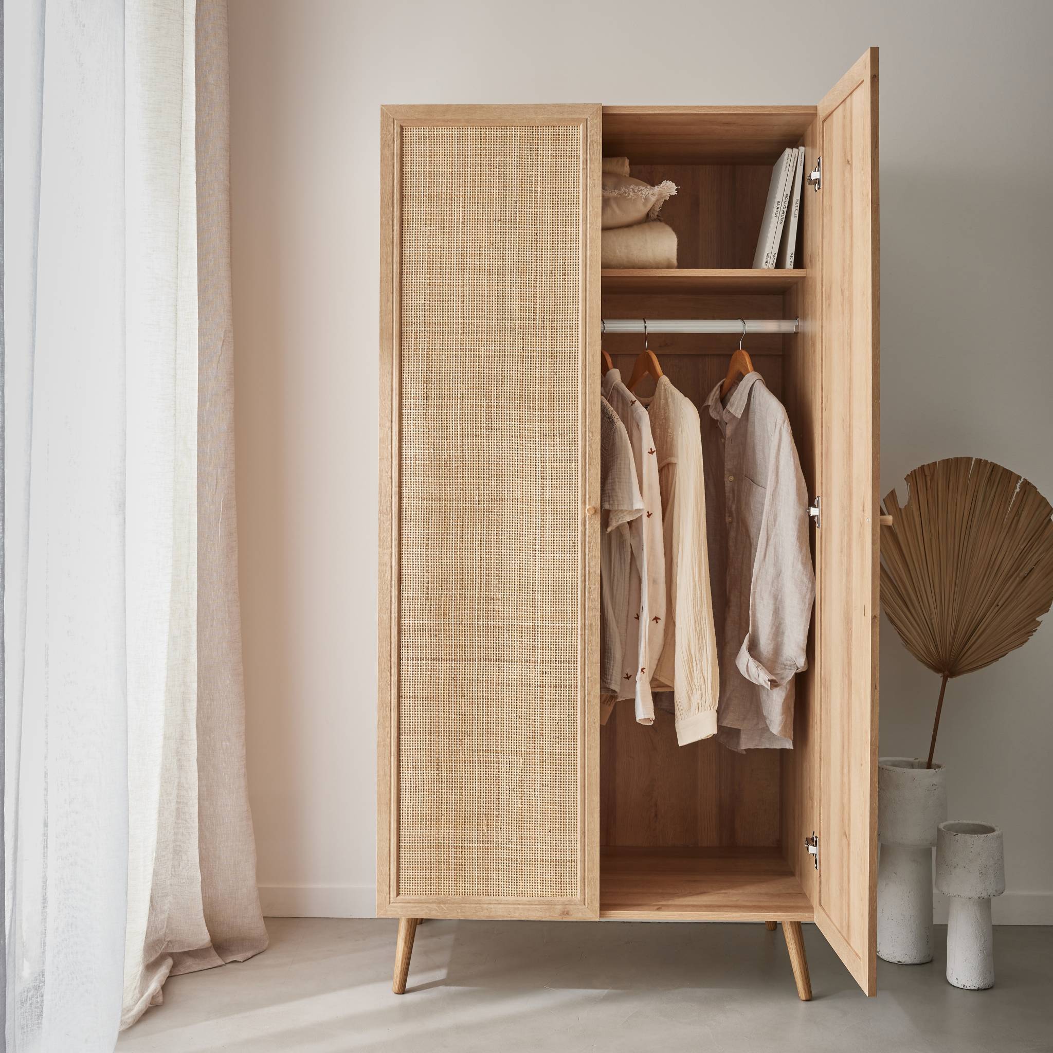 Armoire cannage et décor bois 2 portes avec étagère et tringle - Hauteur 179.5cm | sweeek - Image 3