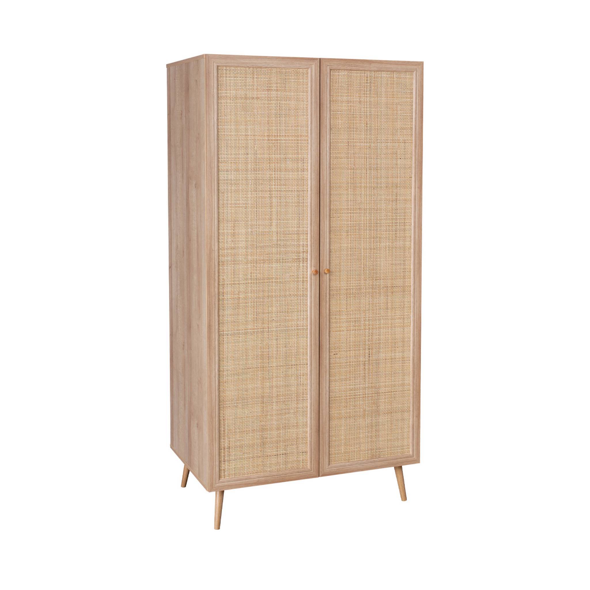 Armoire cannage et décor bois 2 portes avec étagère et tringle - Hauteur 179.5cm | sweeek - Image 2