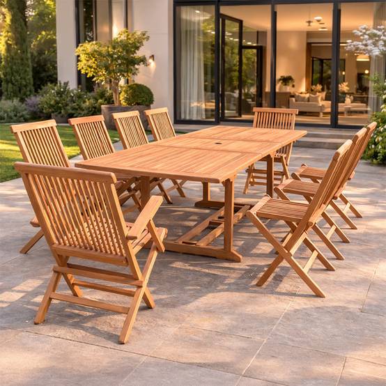 Salon de jardin teck 12 places table rectangulaire 8 chaises 2 fauteuils KAJANG - Image 2
