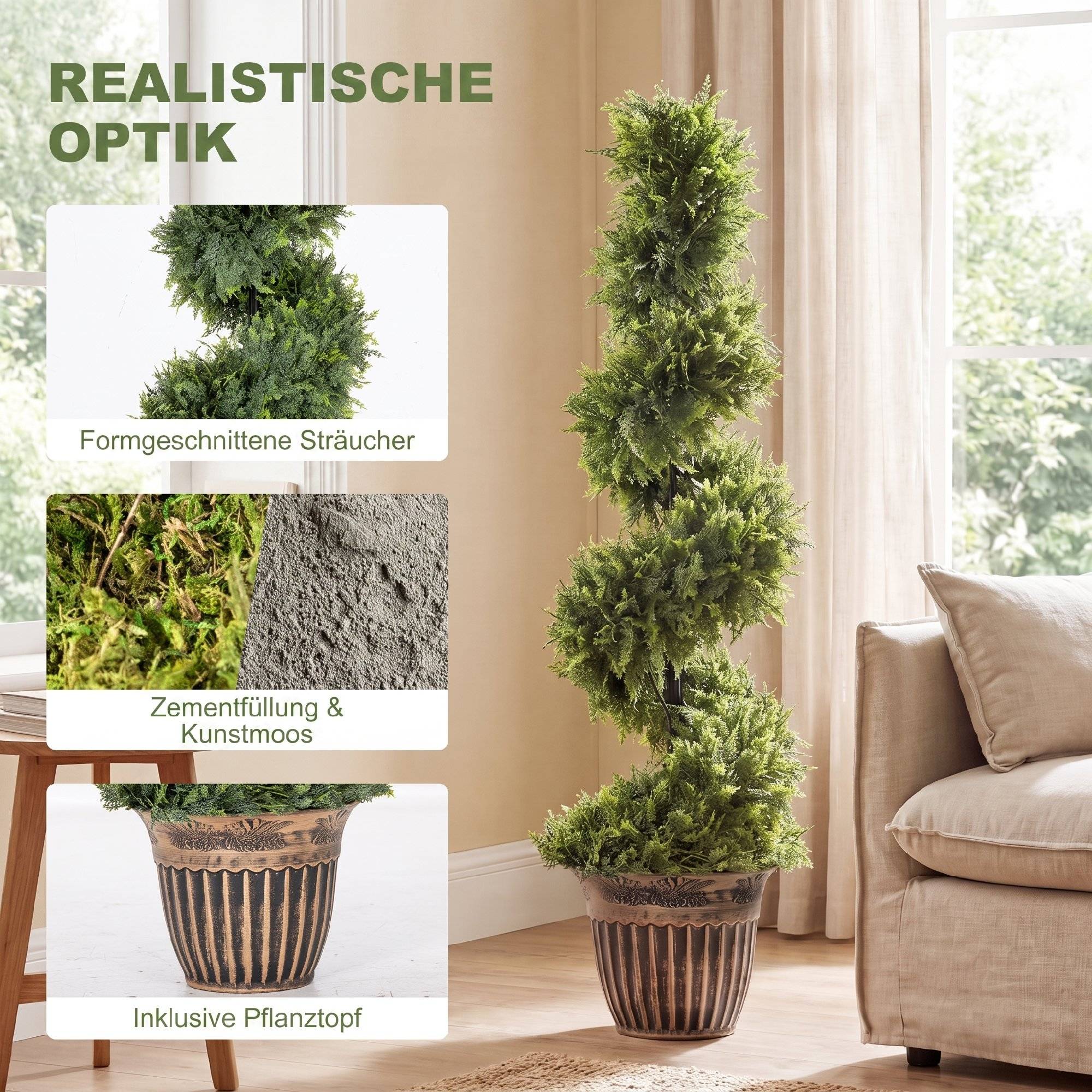 Cyprès en spirale, lot de 2 plantes artificielles, avec pot, 120 cm, vert - Image 6