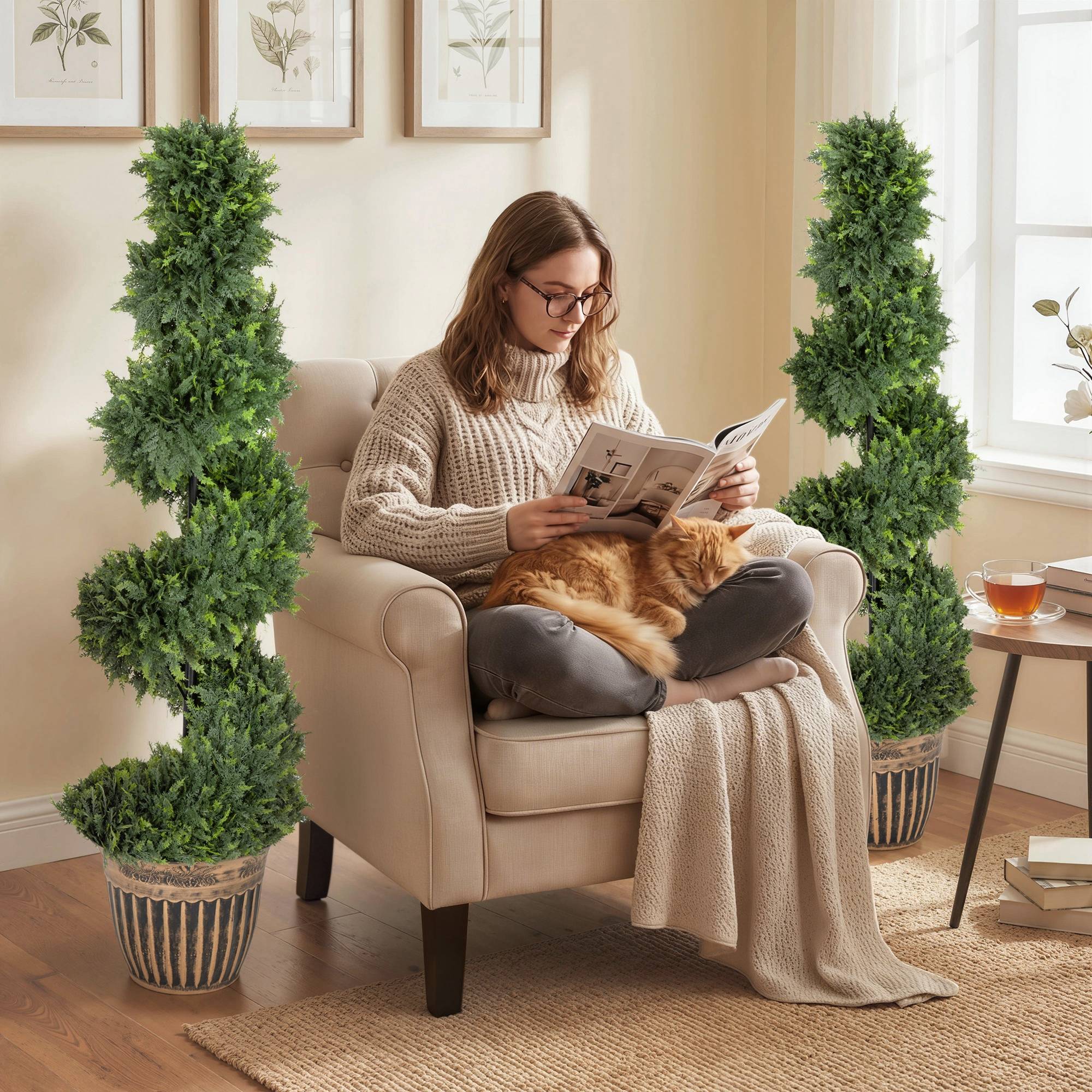 Cyprès en spirale, lot de 2 plantes artificielles, avec pot, 120 cm, vert - Image 8