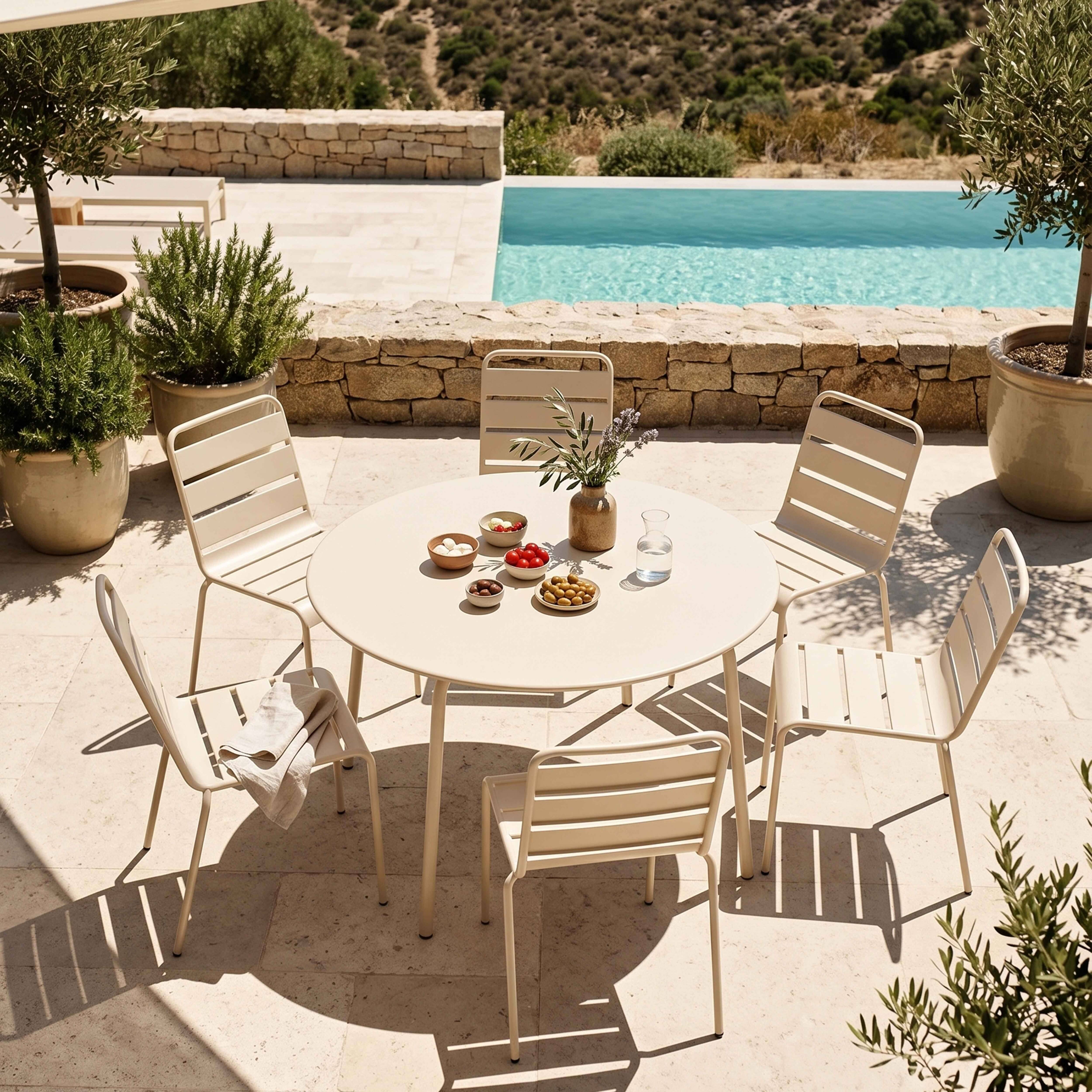 Oviala - Ensemble table de jardin ronde et 6 chaises en métal ivoire Palavas - Oviala - Image 2