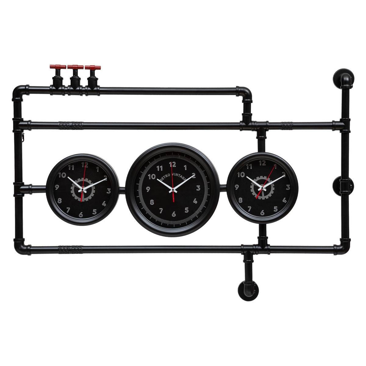 Pendule murale 3 cadrans en verre et métal style industriel 110 x 76 cm - Image 1