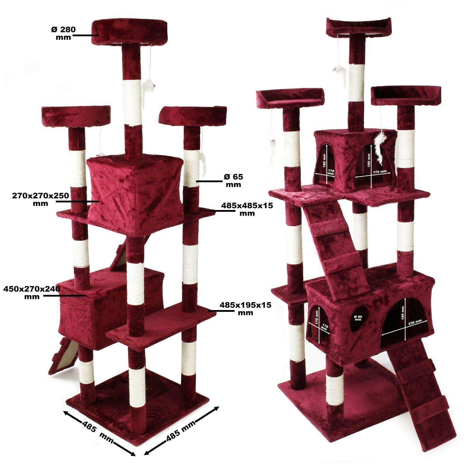 Arbre à chat 170 cm corde en sisal griffoir grattoir jeux plateforme rouge - Image 2