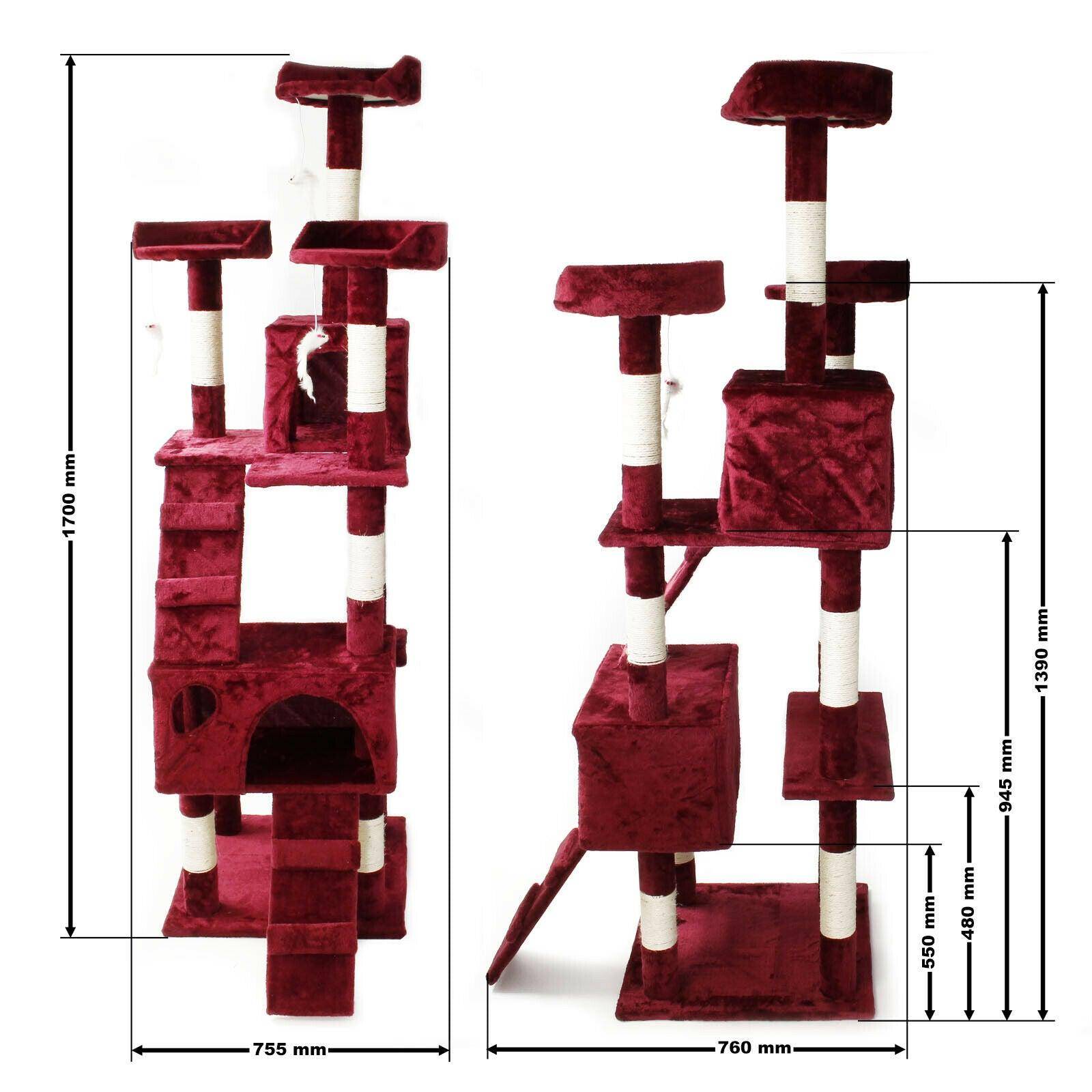 Arbre à chat 170 cm corde en sisal griffoir grattoir jeux plateforme rouge - Image 3