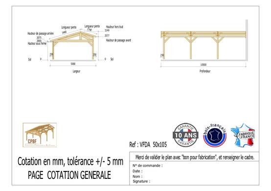 Carport Bois Douglas Français 52 m² – 2 pentes faitage décalé adossé – 6 poteaux – Abri voiture extérieur – Garantie 10 ans - Image 3