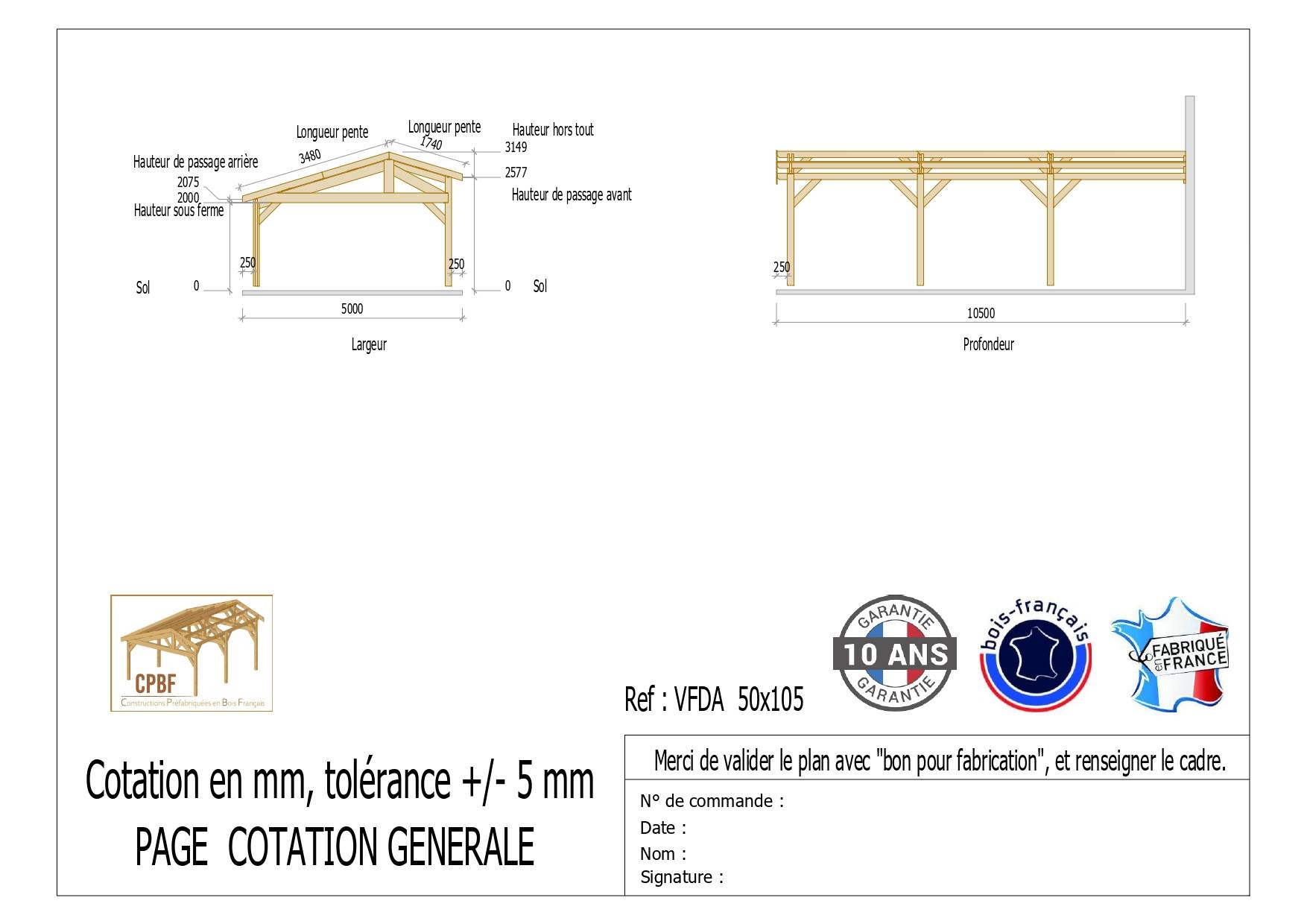 Carport Bois Douglas Français 52 m² – 2 pentes faitage décalé adossé – 6 poteaux – Abri voiture extérieur – Garantie 10 ans - Image 3