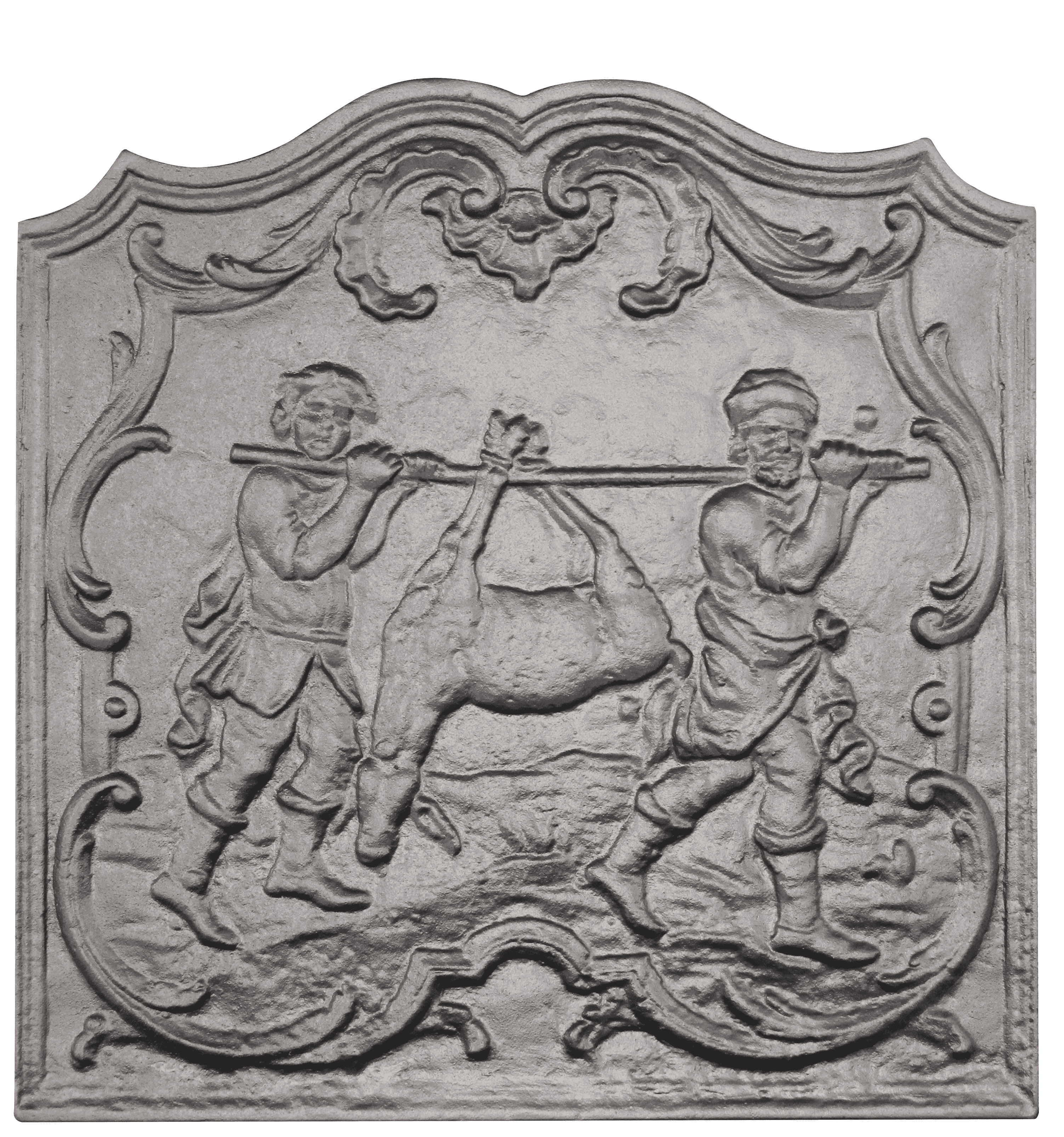Plaque de cheminée le chasseur, son fils et la biche Dommartin grise H. 61 cm X L. 60 cm - Image 1