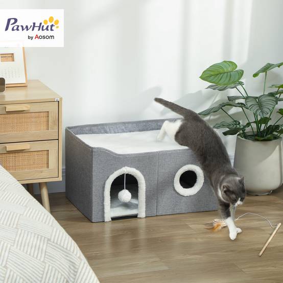 Niche pour Chat Pliable avec Griffoir Sisal Cube de Jeu et Repos Coussin Réversible 60x40 cm Gris - ComfortXL Outdoor Living - Image 4