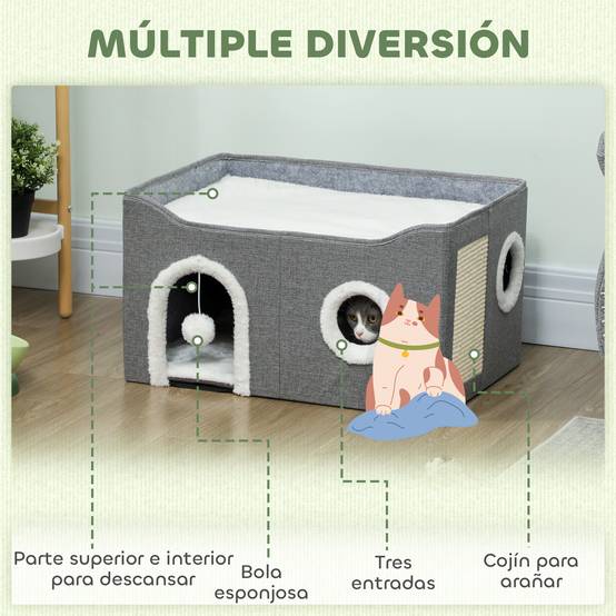 Niche pour Chat Pliable avec Griffoir Sisal Cube de Jeu et Repos Coussin Réversible 60x40 cm Gris - ComfortXL Outdoor Living - Image 6
