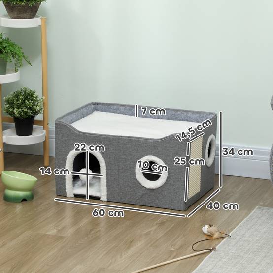 Niche pour Chat Pliable avec Griffoir Sisal Cube de Jeu et Repos Coussin Réversible 60x40 cm Gris - ComfortXL Outdoor Living - Image 5