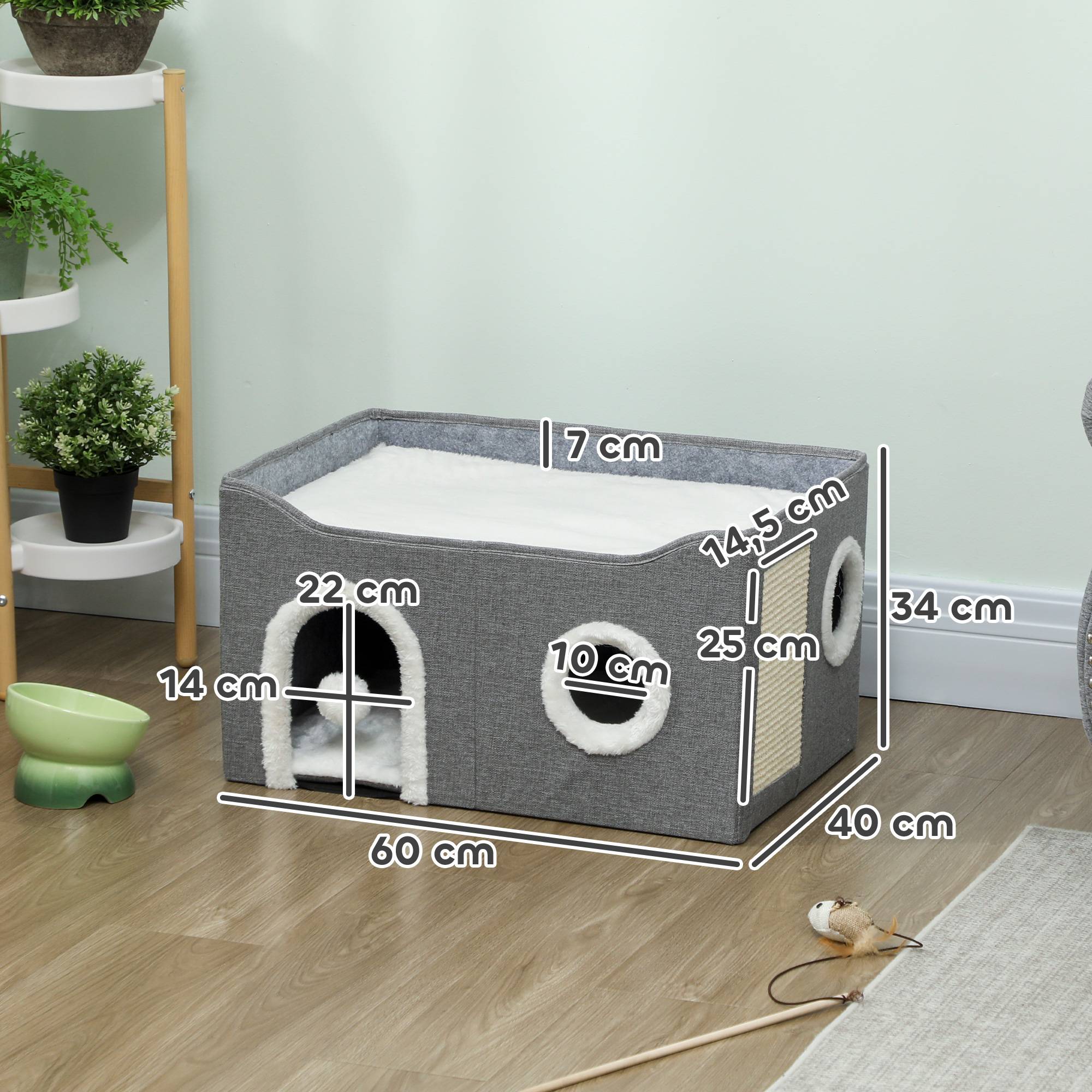 Niche pour Chat Pliable avec Griffoir Sisal Cube de Jeu et Repos Coussin Réversible 60x40 cm Gris - ComfortXL Outdoor Living - Image 5