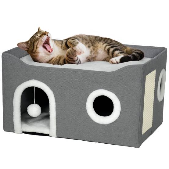 Niche pour Chat Pliable avec Griffoir Sisal Cube de Jeu et Repos Coussin Réversible 60x40 cm Gris - ComfortXL Outdoor Living - Image 1