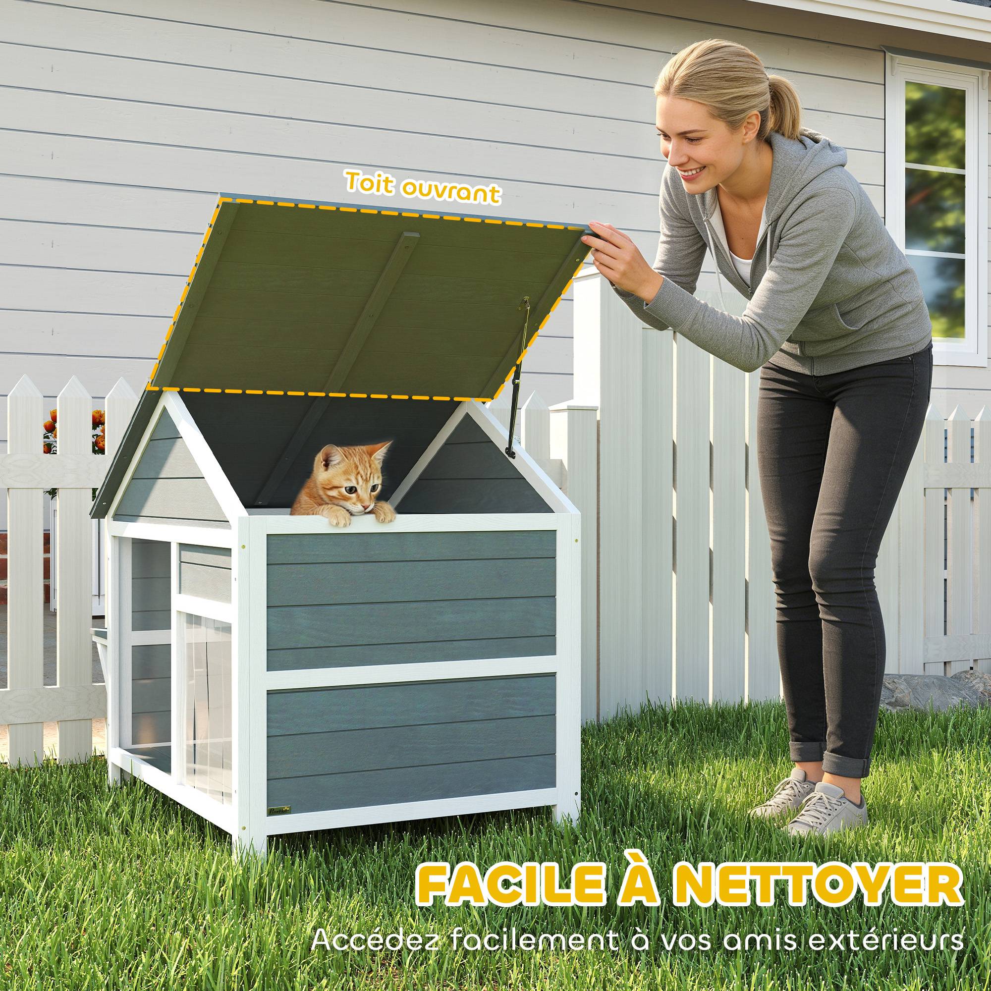 Sans Marque - Maison pour Chat Extérieur Toit Ouvrant Fenêtre Panoramique Porte à Lamelles et Plateforme de Repos 101x72,5x81cm Gris - Image 9