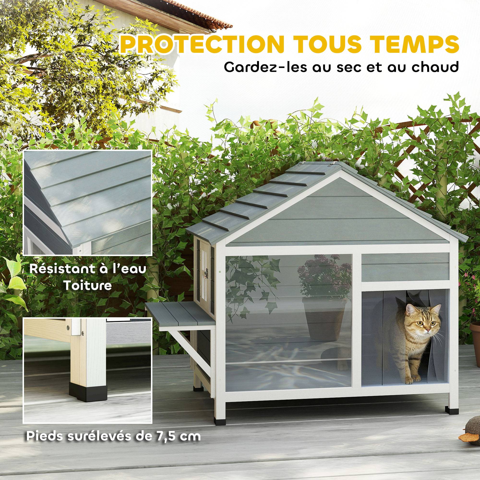 Sans Marque - Maison pour Chat Extérieur Toit Ouvrant Fenêtre Panoramique Porte à Lamelles et Plateforme de Repos 101x72,5x81cm Gris - Image 6