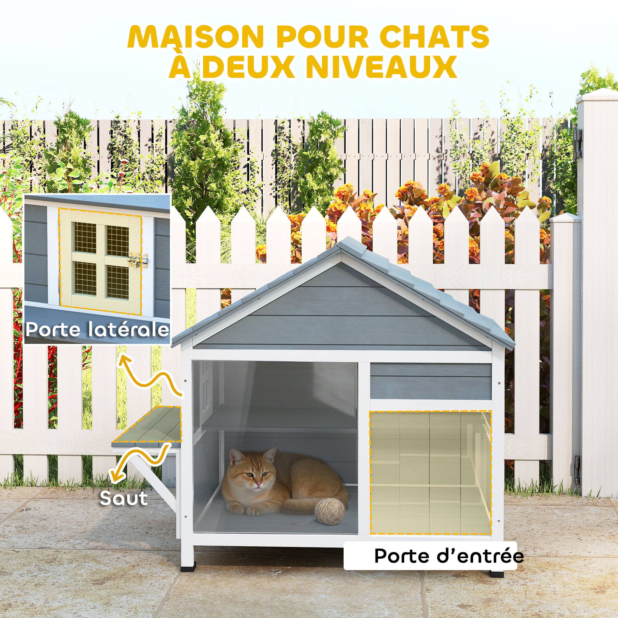 Sans Marque - Maison pour Chat Extérieur Toit Ouvrant Fenêtre Panoramique Porte à Lamelles et Plateforme de Repos 101x72,5x81cm Gris - Image 8