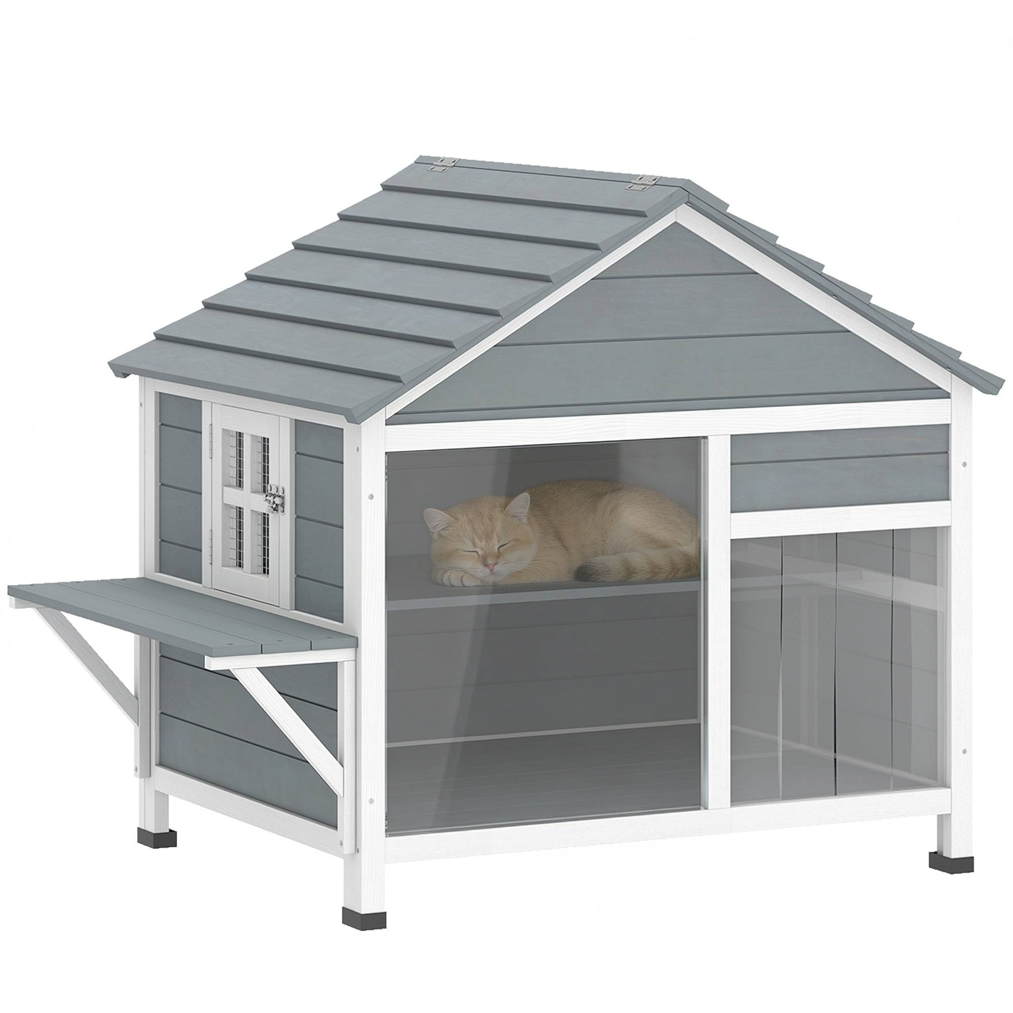 Sans Marque - Maison pour Chat Extérieur Toit Ouvrant Fenêtre Panoramique Porte à Lamelles et Plateforme de Repos 101x72,5x81cm Gris - Image 1