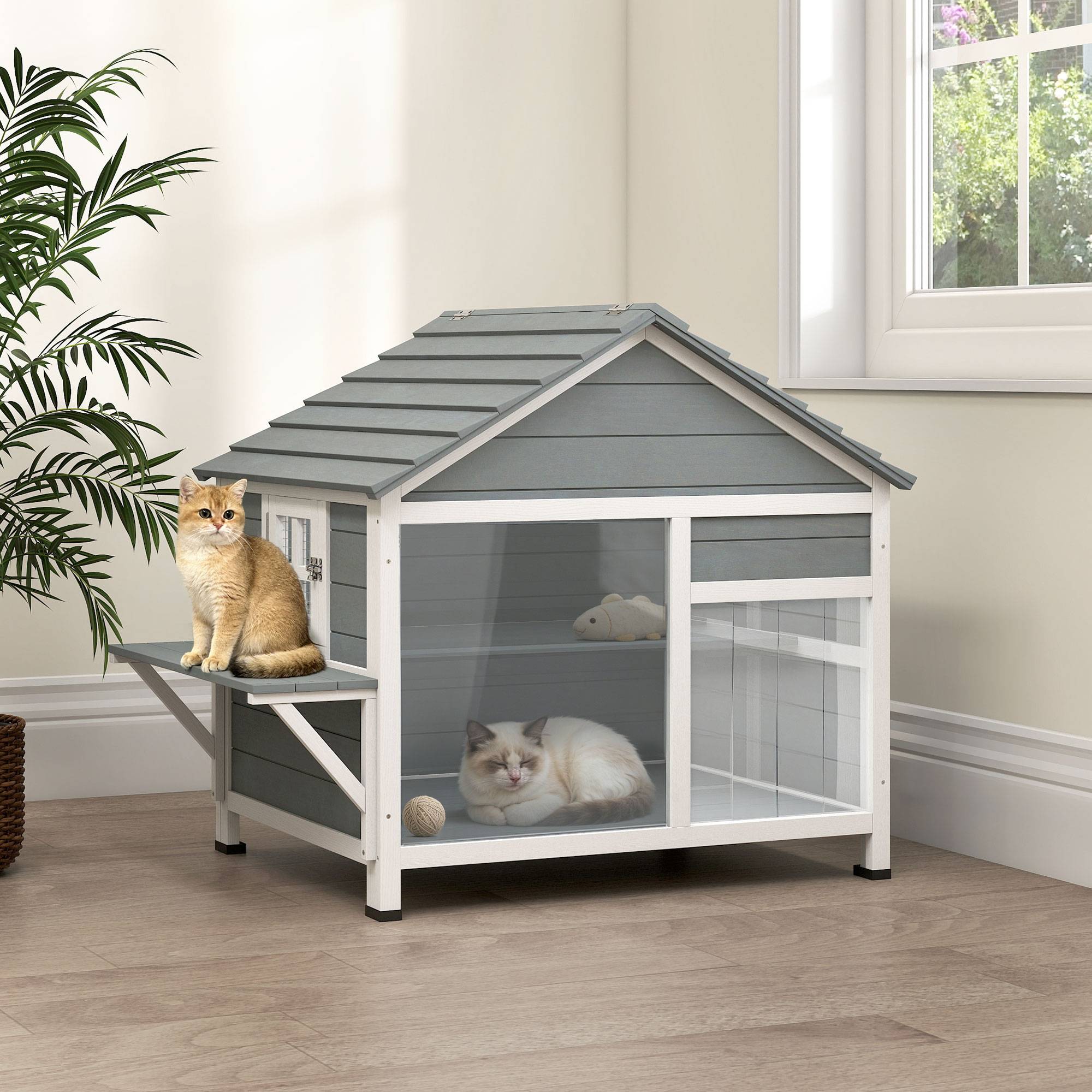 Sans Marque - Maison pour Chat Extérieur Toit Ouvrant Fenêtre Panoramique Porte à Lamelles et Plateforme de Repos 101x72,5x81cm Gris - Image 3