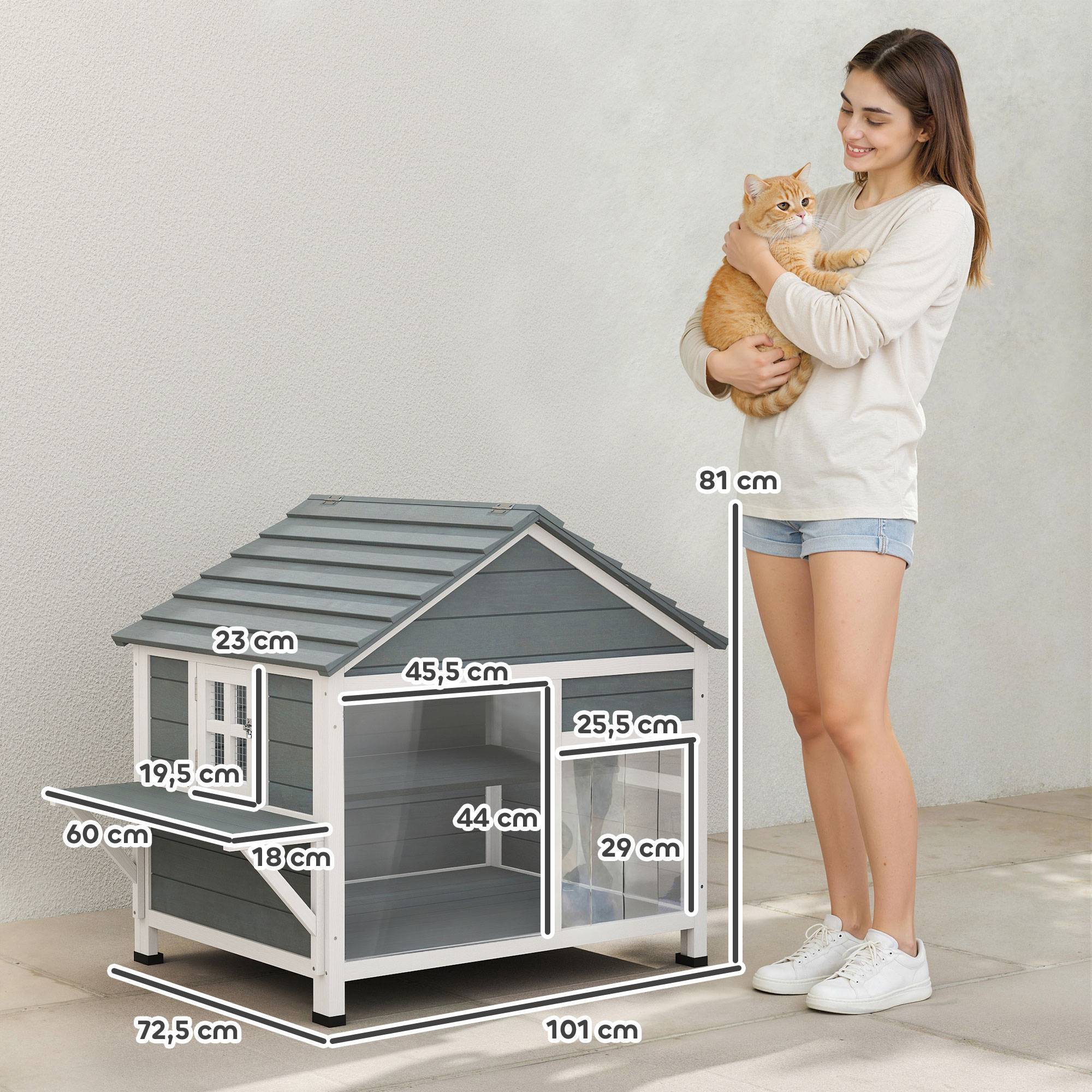 Sans Marque - Maison pour Chat Extérieur Toit Ouvrant Fenêtre Panoramique Porte à Lamelles et Plateforme de Repos 101x72,5x81cm Gris - Image 5
