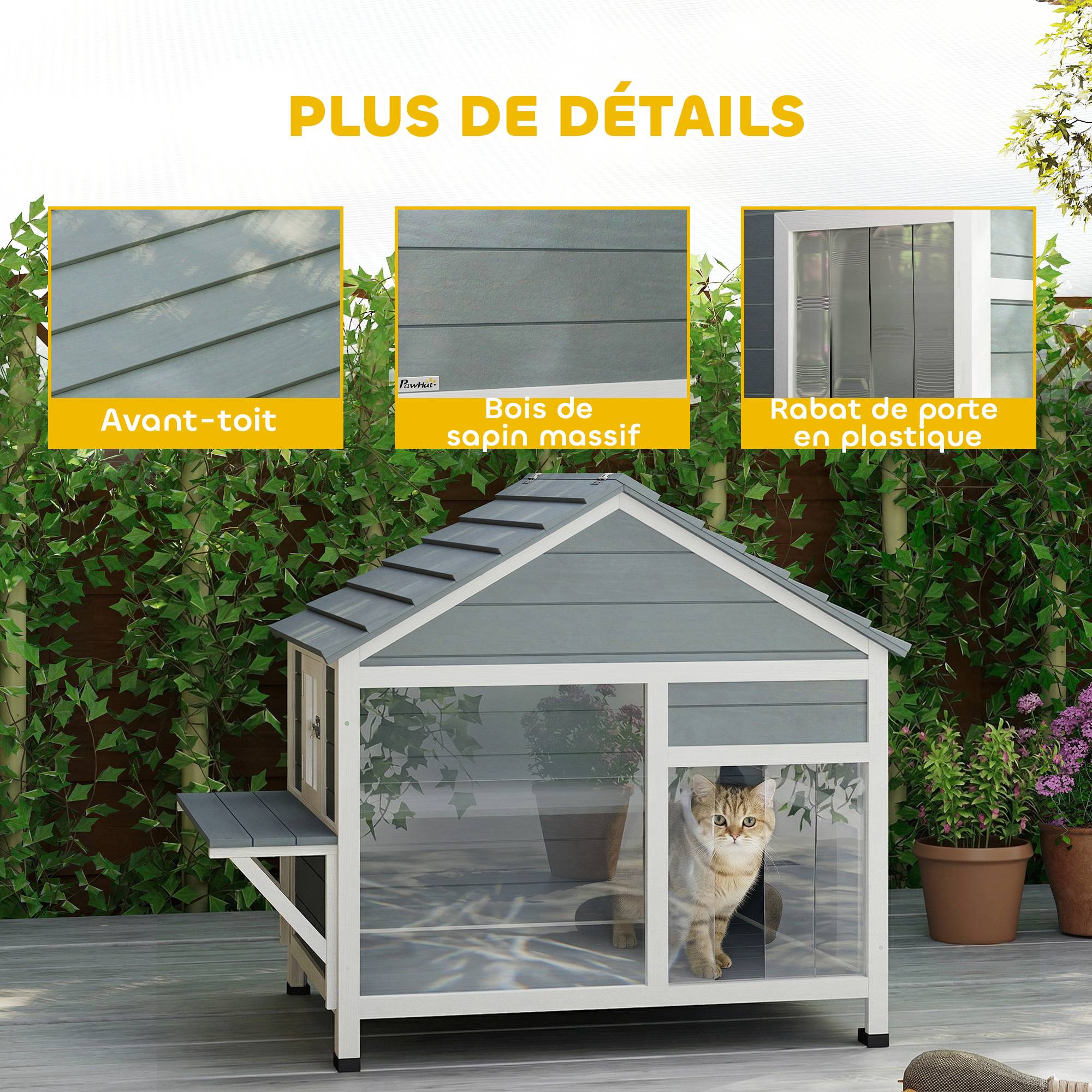 Sans Marque - Maison pour Chat Extérieur Toit Ouvrant Fenêtre Panoramique Porte à Lamelles et Plateforme de Repos 101x72,5x81cm Gris - Image 10