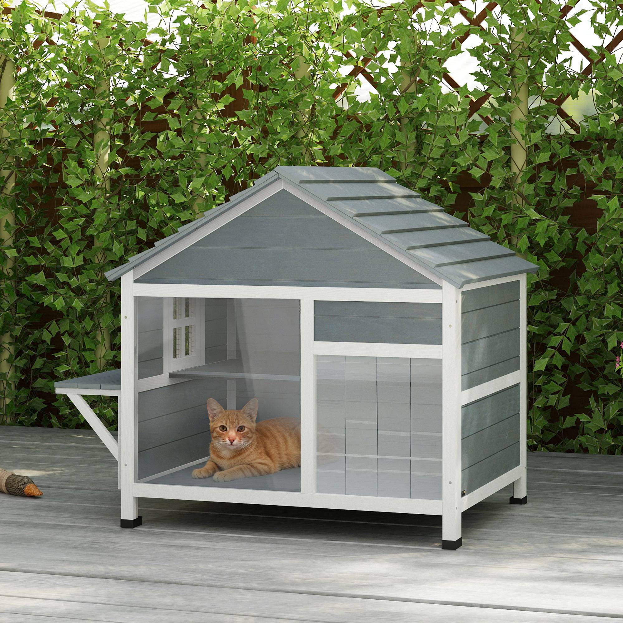 Sans Marque - Maison pour Chat Extérieur Toit Ouvrant Fenêtre Panoramique Porte à Lamelles et Plateforme de Repos 101x72,5x81cm Gris - Image 4