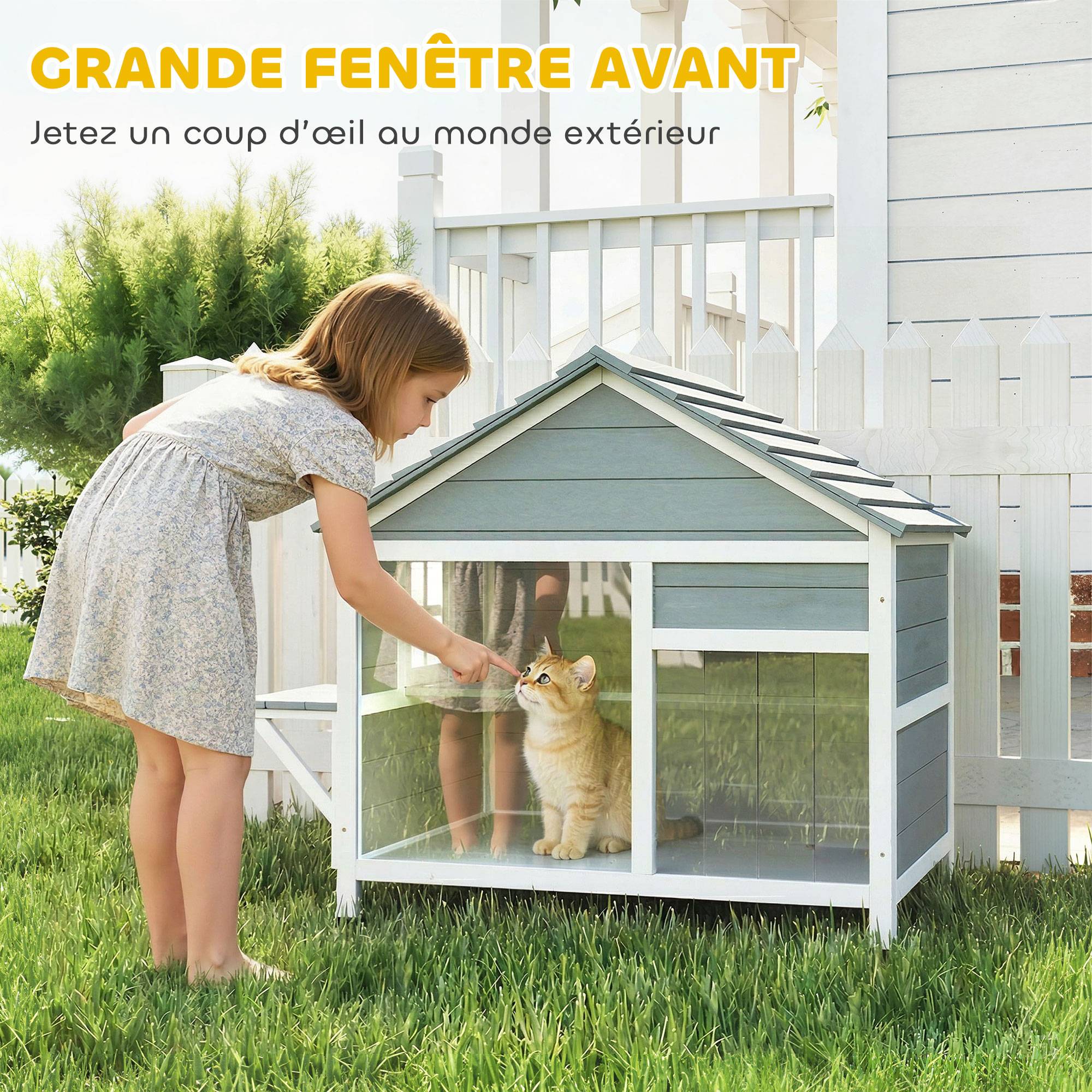 Sans Marque - Maison pour Chat Extérieur Toit Ouvrant Fenêtre Panoramique Porte à Lamelles et Plateforme de Repos 101x72,5x81cm Gris - Image 7