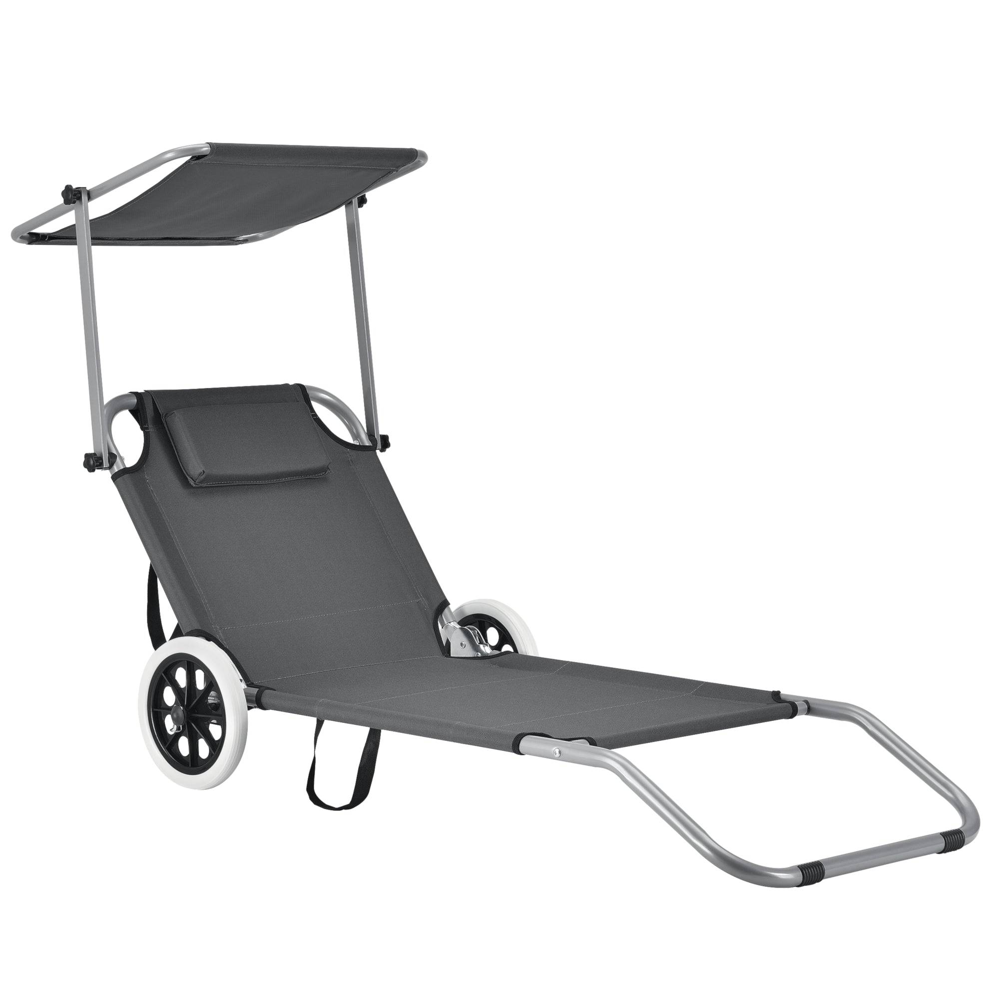 Helloshop26 - Transat avec brise-soleil et avec roulettes bain de soleil polyester et acier revêtu par poudre 146 x 52 x 15 cm gris - Image 1