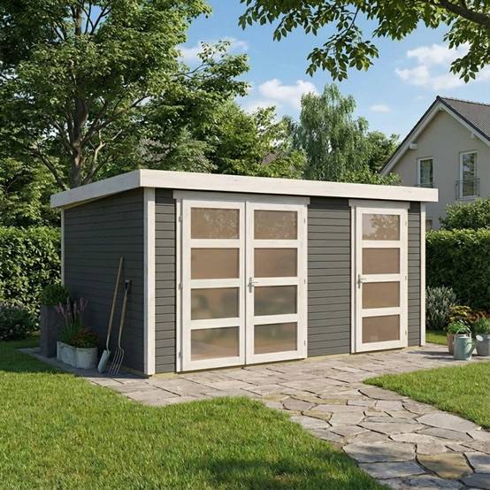 Abri de jardin 10,98m² bois épicéa gris avec cloison intérieure toit monopente Karibu Mühlentrup 2 - Image 1