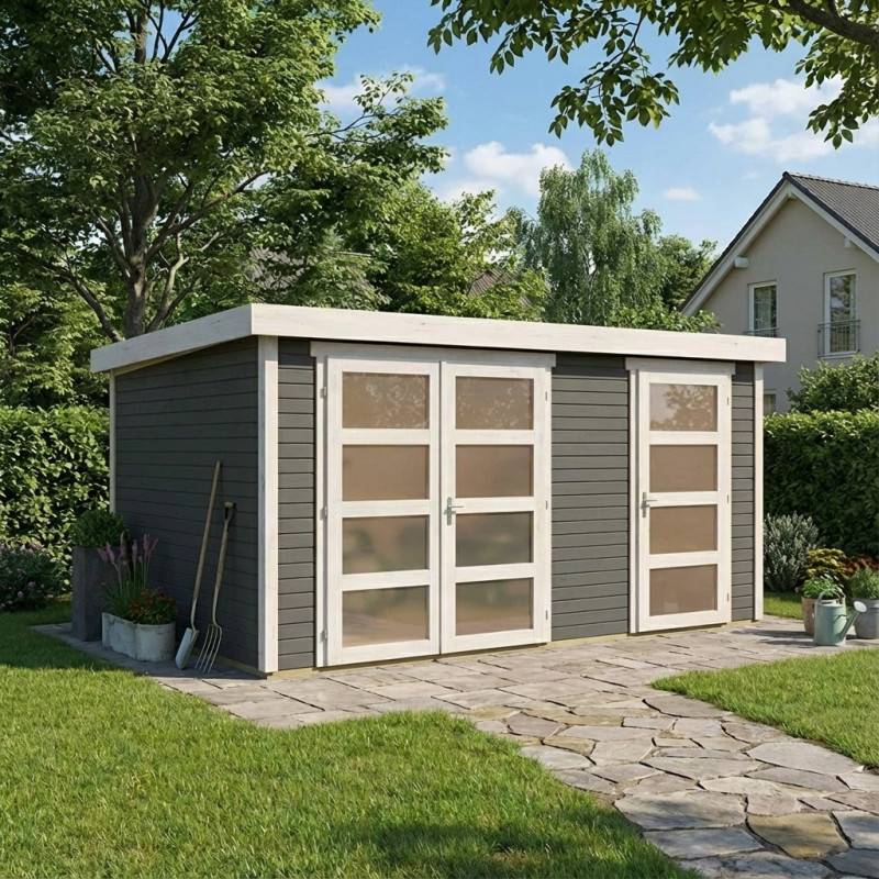 Abri de jardin 10,98m² bois épicéa gris avec cloison intérieure toit monopente Karibu Mühlentrup 2 - Image 1