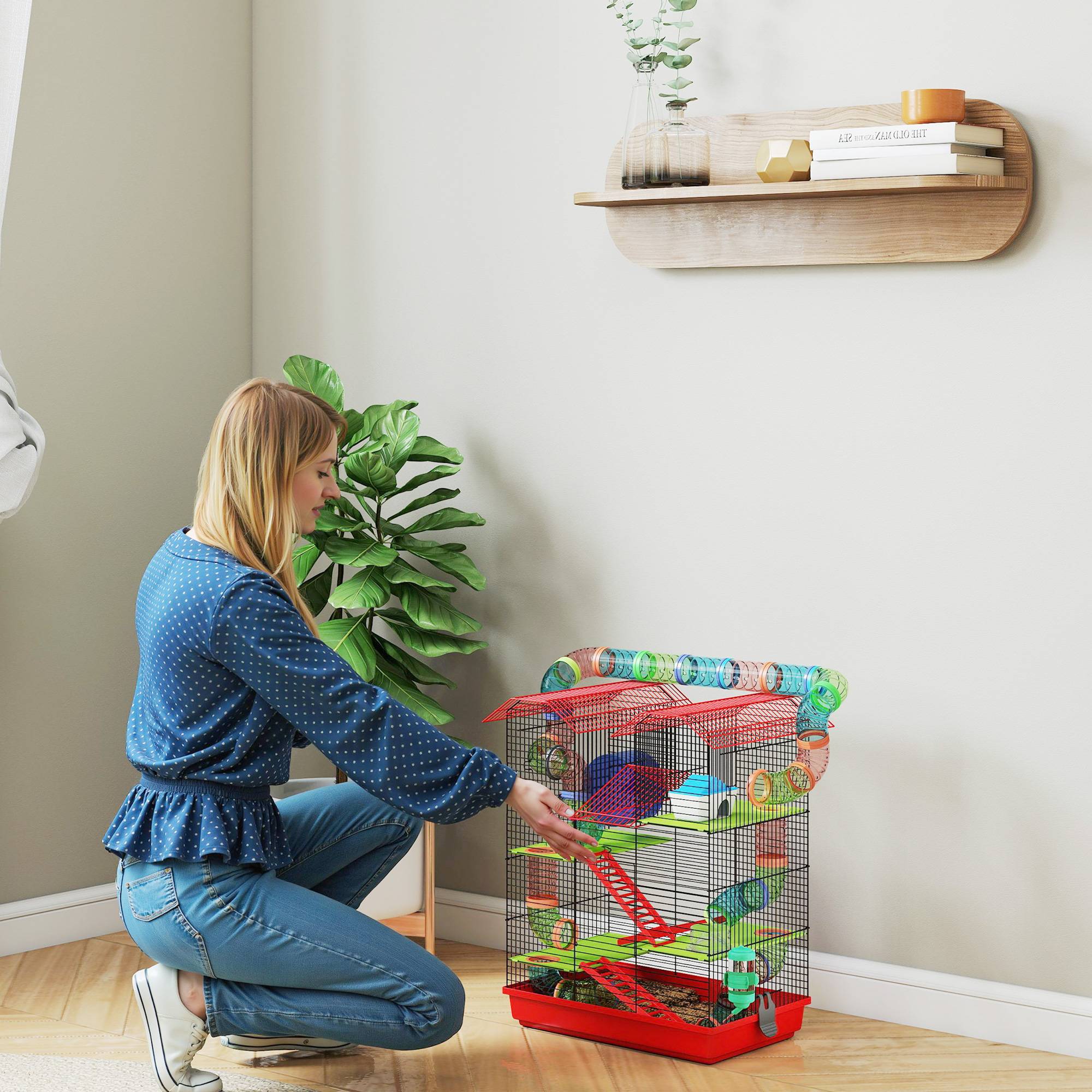 Cage hamster métal petits rongeurs 5 niveaux avec accessoires 47x30x59cm rouge - ComfortXL Outdoor Living - Image 10