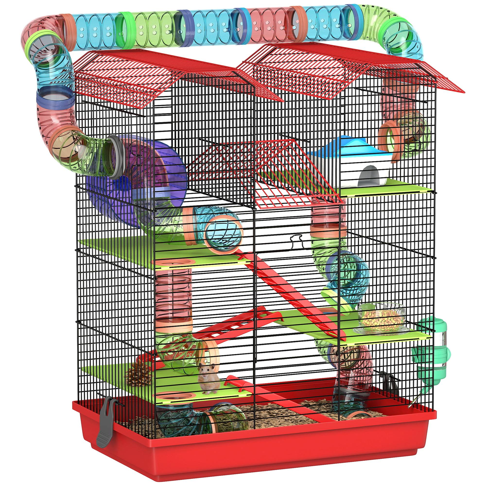 Cage hamster métal petits rongeurs 5 niveaux avec accessoires 47x30x59cm rouge - ComfortXL Outdoor Living - Image 1