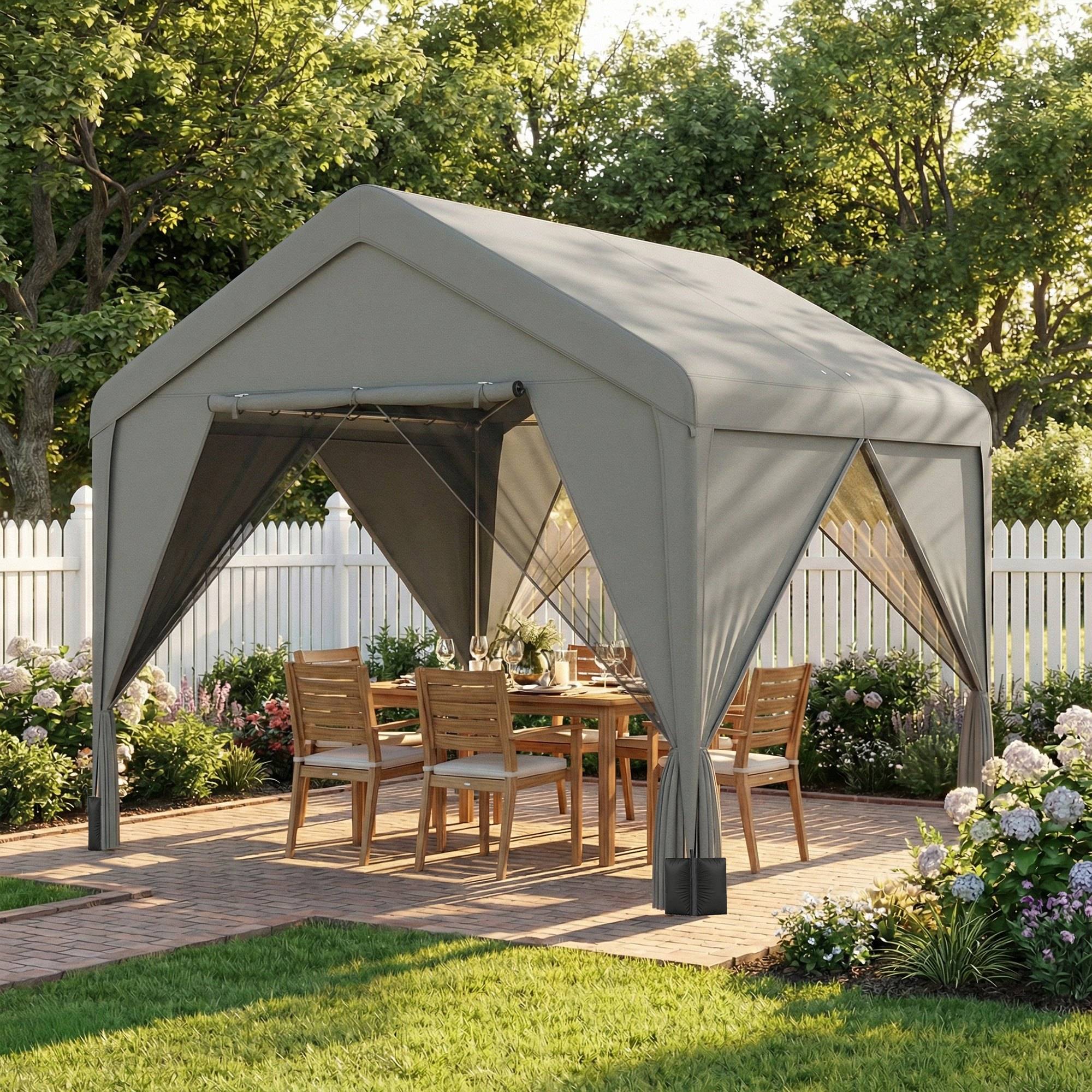 Tonnelle de jardin pavillon de jardin hydrofuge structure robuste en acier galvanisé avec toit double pente 3x3m gris - Image 3