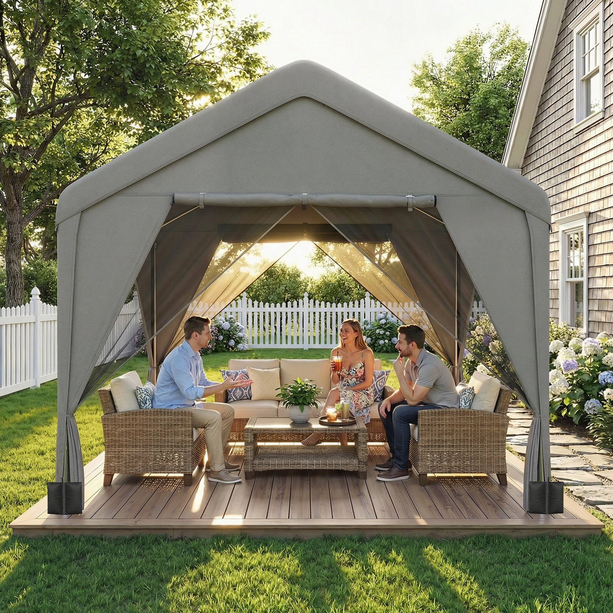 Tonnelle de jardin pavillon de jardin hydrofuge structure robuste en acier galvanisé avec toit double pente 3x3m gris - Image 9