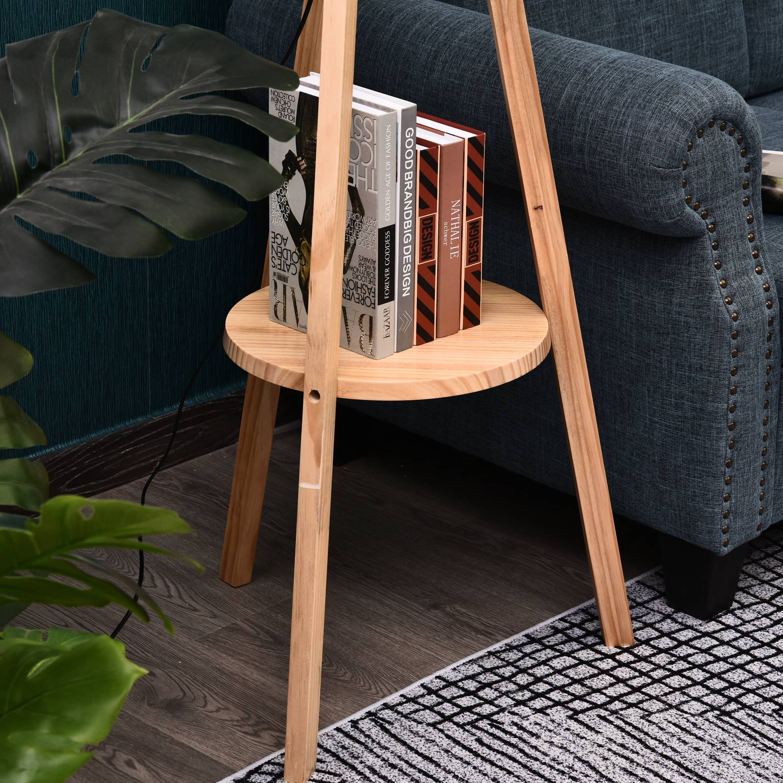 Lampe trépied en bois naturel abat-jour toile beige avec support 50 × 50 × 154 cm décoration intérieure - Image 10