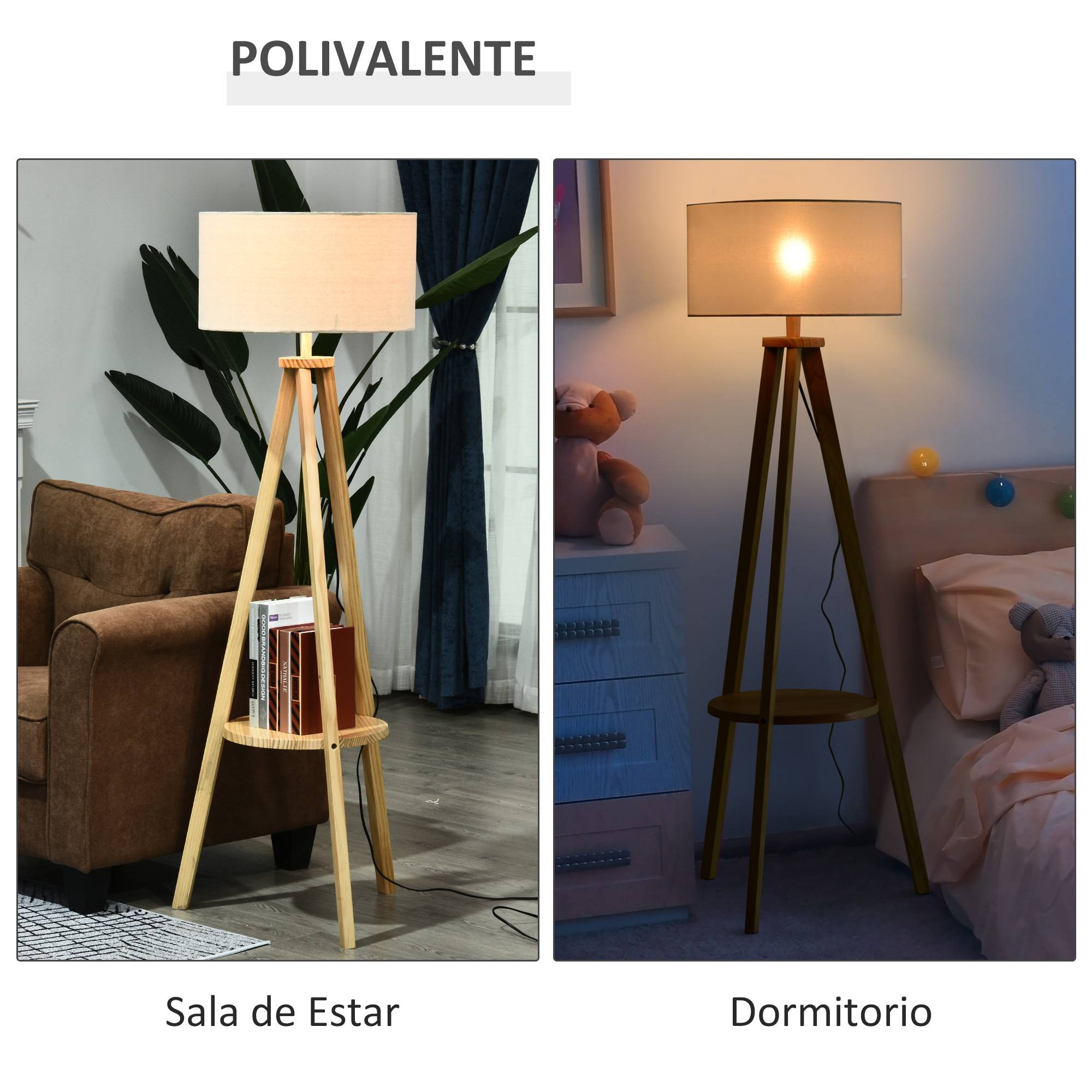 Lampe trépied en bois naturel abat-jour toile beige avec support 50 × 50 × 154 cm décoration intérieure - Image 8