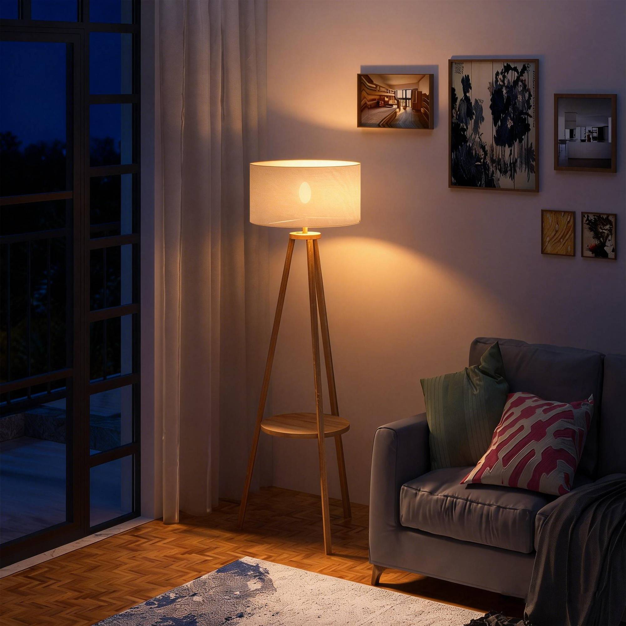 Lampe trépied en bois naturel abat-jour toile beige avec support 50 × 50 × 154 cm décoration intérieure - Image 3
