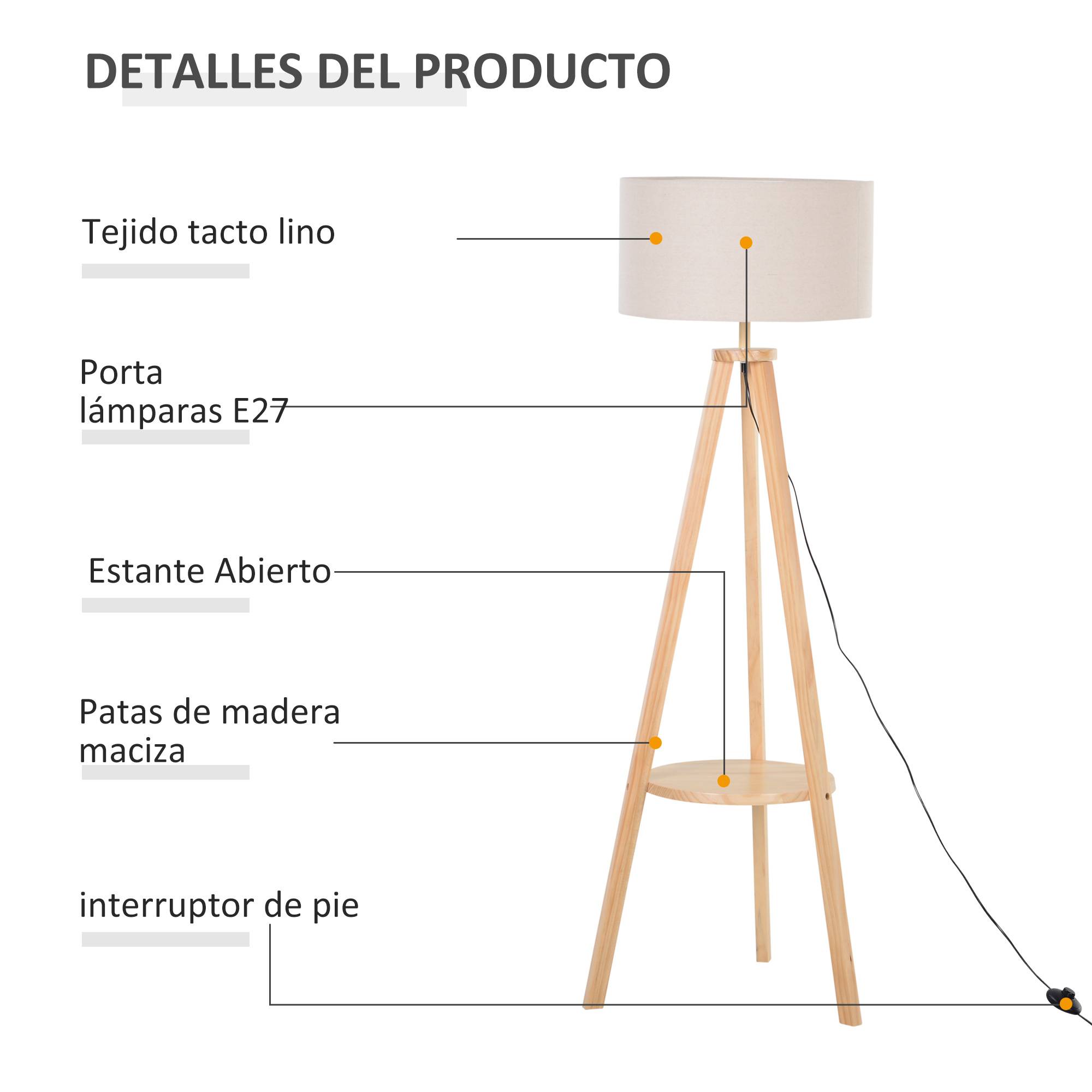 Lampe trépied en bois naturel abat-jour toile beige avec support 50 × 50 × 154 cm décoration intérieure - Image 6