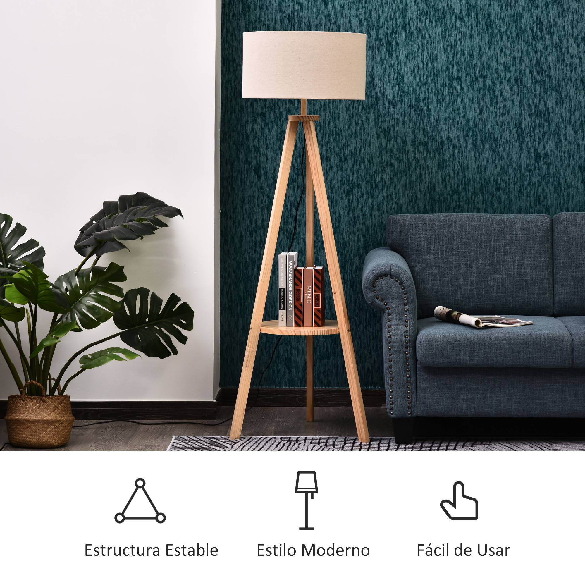 Lampe trépied en bois naturel abat-jour toile beige avec support 50 × 50 × 154 cm décoration intérieure - Image 7