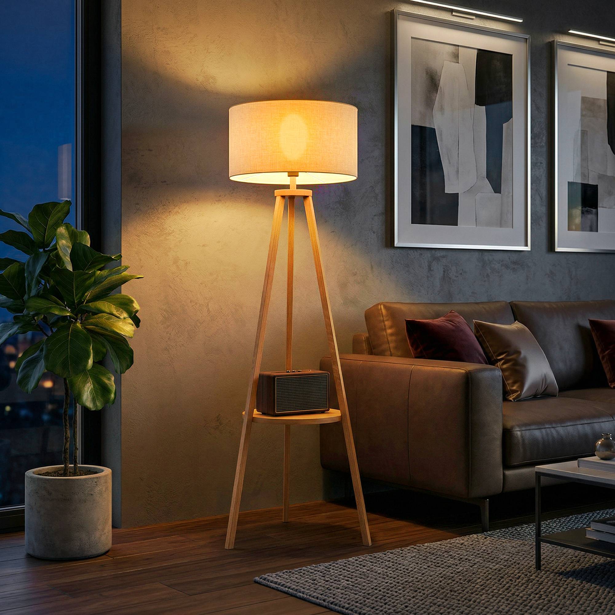 Lampe trépied en bois naturel abat-jour toile beige avec support 50 × 50 × 154 cm décoration intérieure - Image 1
