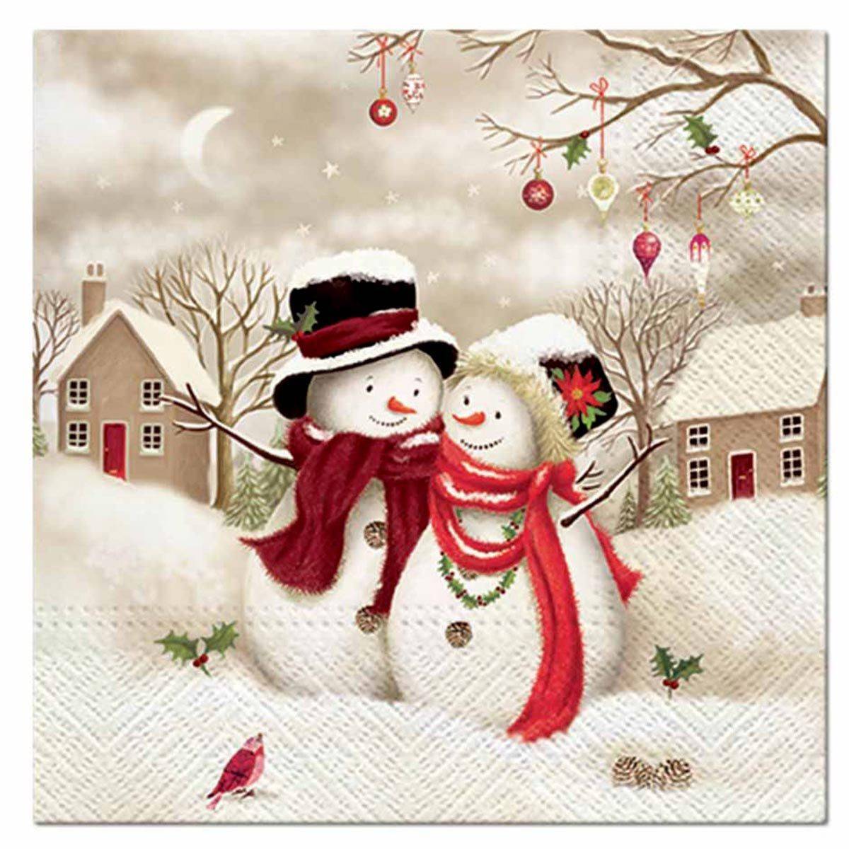Lot de 20 Serviettes en Papier "Bonhommes de Neige" 33x33cm Naturel
