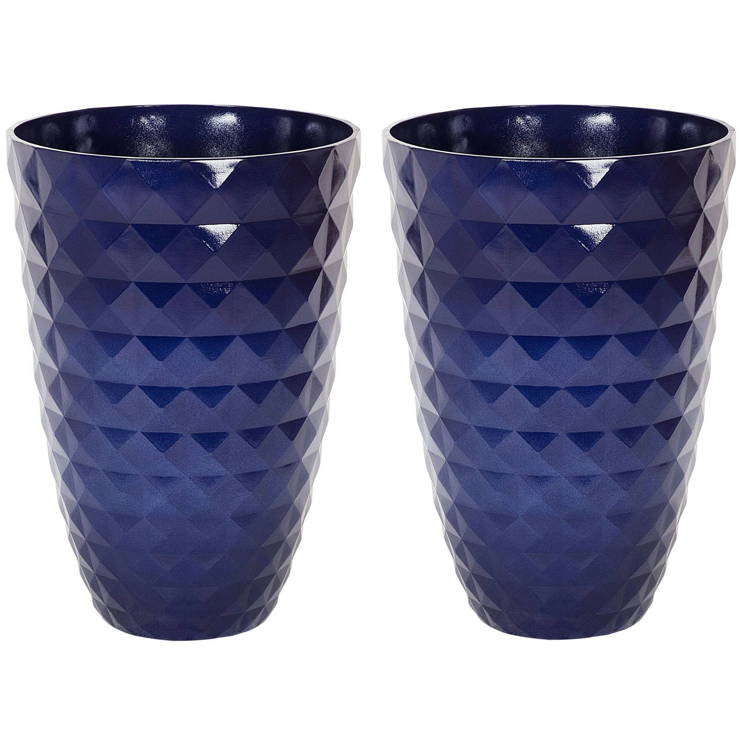 Beliani - Hauts Cache-Pots Bleu Marine en Fibre d'Argile et Verre 35 cm Rond avec Relief Pot de Fleurs Idéal pour Extérieur et Intérieur Lot de 2 - Image 1
