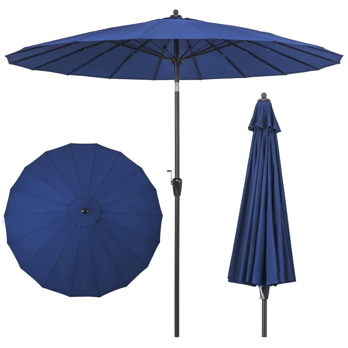 Helloshop26 - Parasol de terrasse rond de 265 cm parasol avec 18 baleines en fibre de verre inclinaison à bouton-poussoir manivelle toile résistante bleu - Image 1