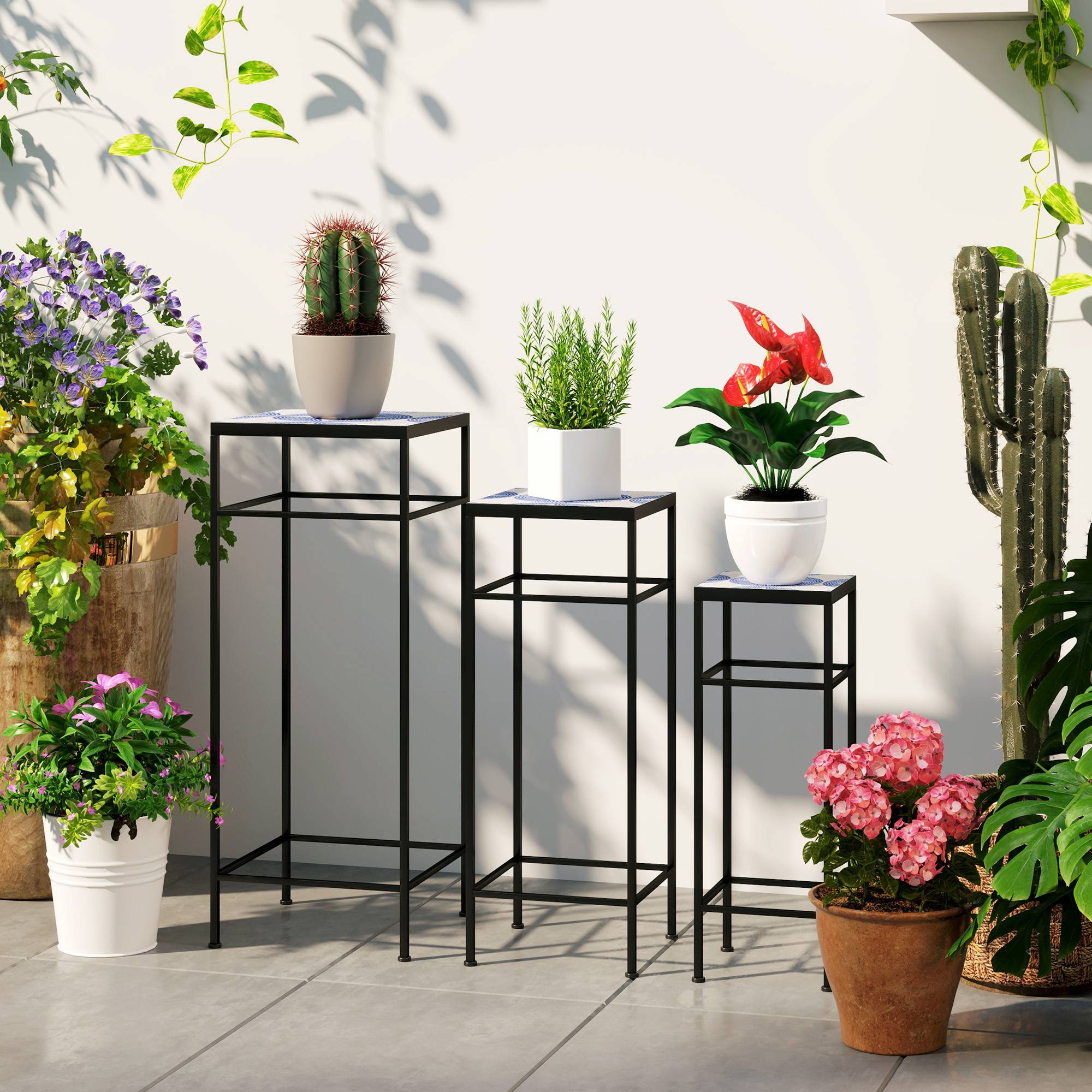Set 3 supports plantes, 3 tailles, présenter fleurs et objets, bleu + blanc - Image 3