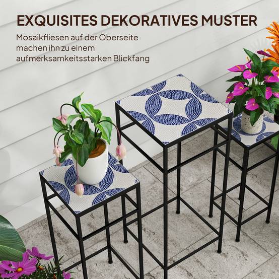 Set 3 supports plantes, 3 tailles, présenter fleurs et objets, bleu + blanc - Image 7