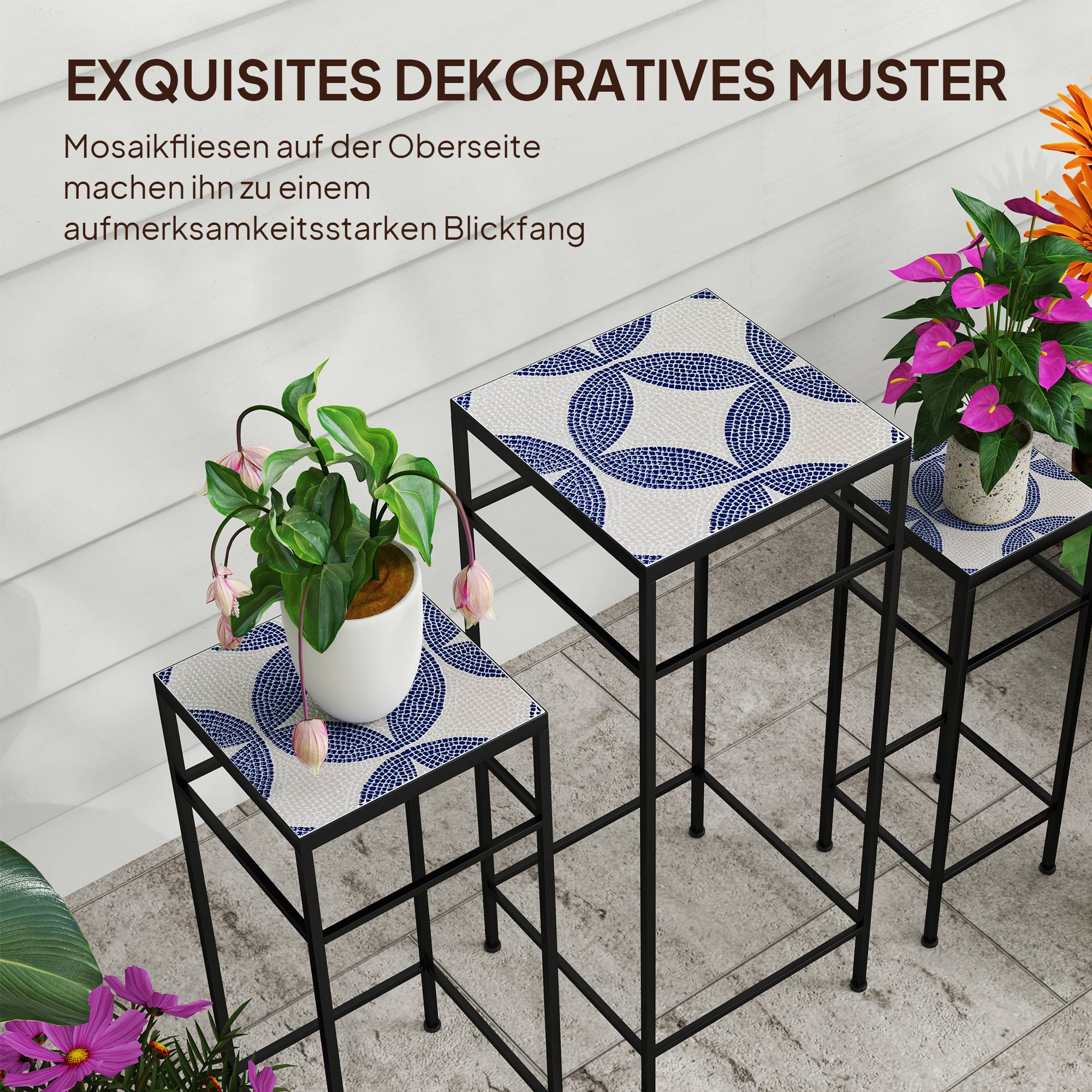 Set 3 supports plantes, 3 tailles, présenter fleurs et objets, bleu + blanc - Image 7